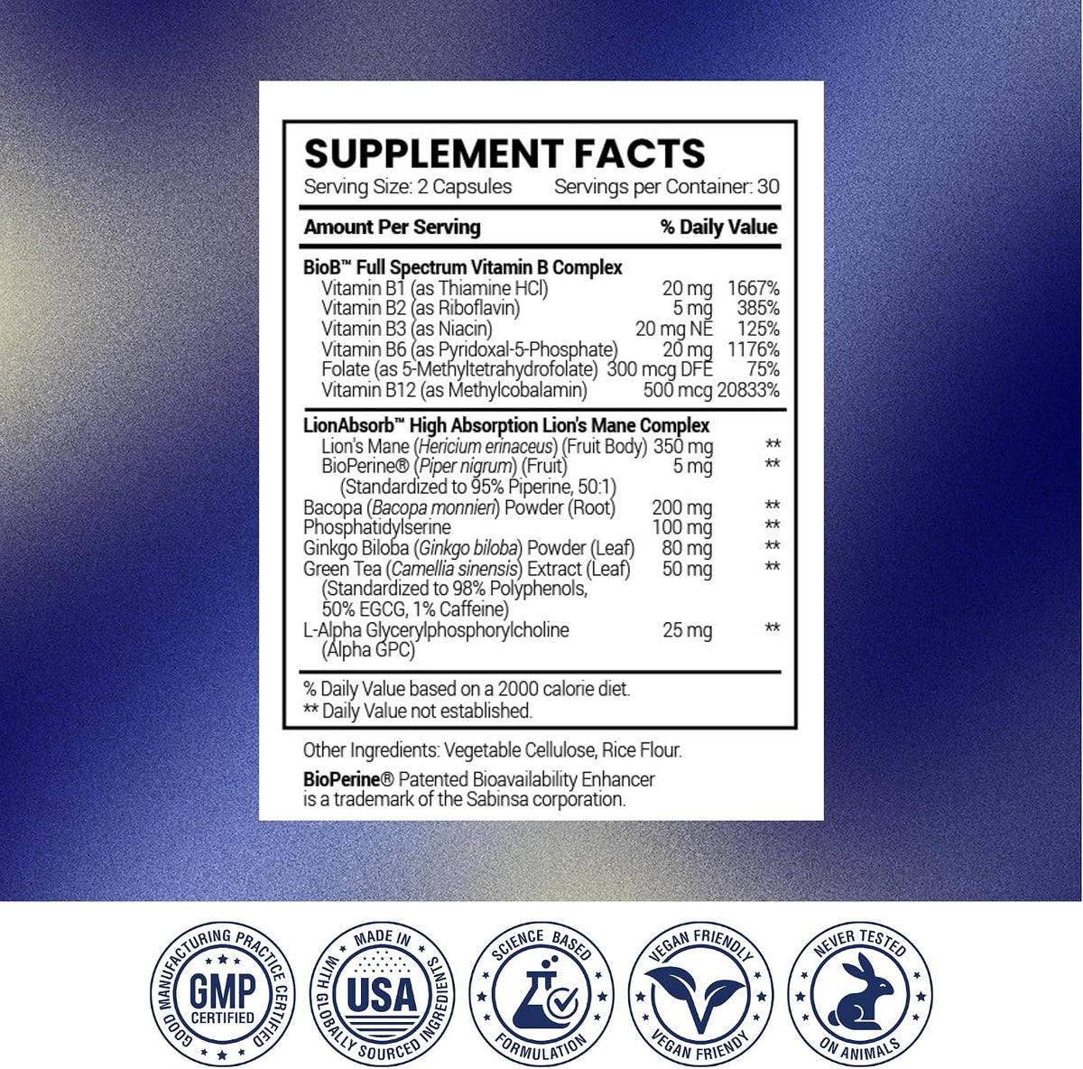 Research Verified Memory Booster - Nootropic Supplement - Enhance Cognition and Memory - Lion’s Mane, Ginkgo Biloba, BioPerine - 60 Capsules - Non-GMO - Made in the USA