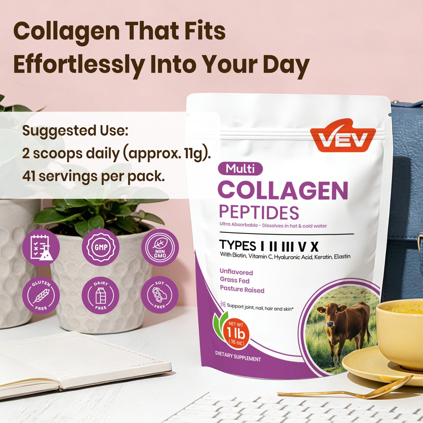 VEV Multi Collagen Peptides Powder, 16 oz (41 Servings) – Type I, II, III, V, X, Hydrolyzed Collagen, Hyaluronic Acid, Biotin, Vitamin C, Supports Skin, Unflavored, Dissolves Easily VEV buy supplements Au