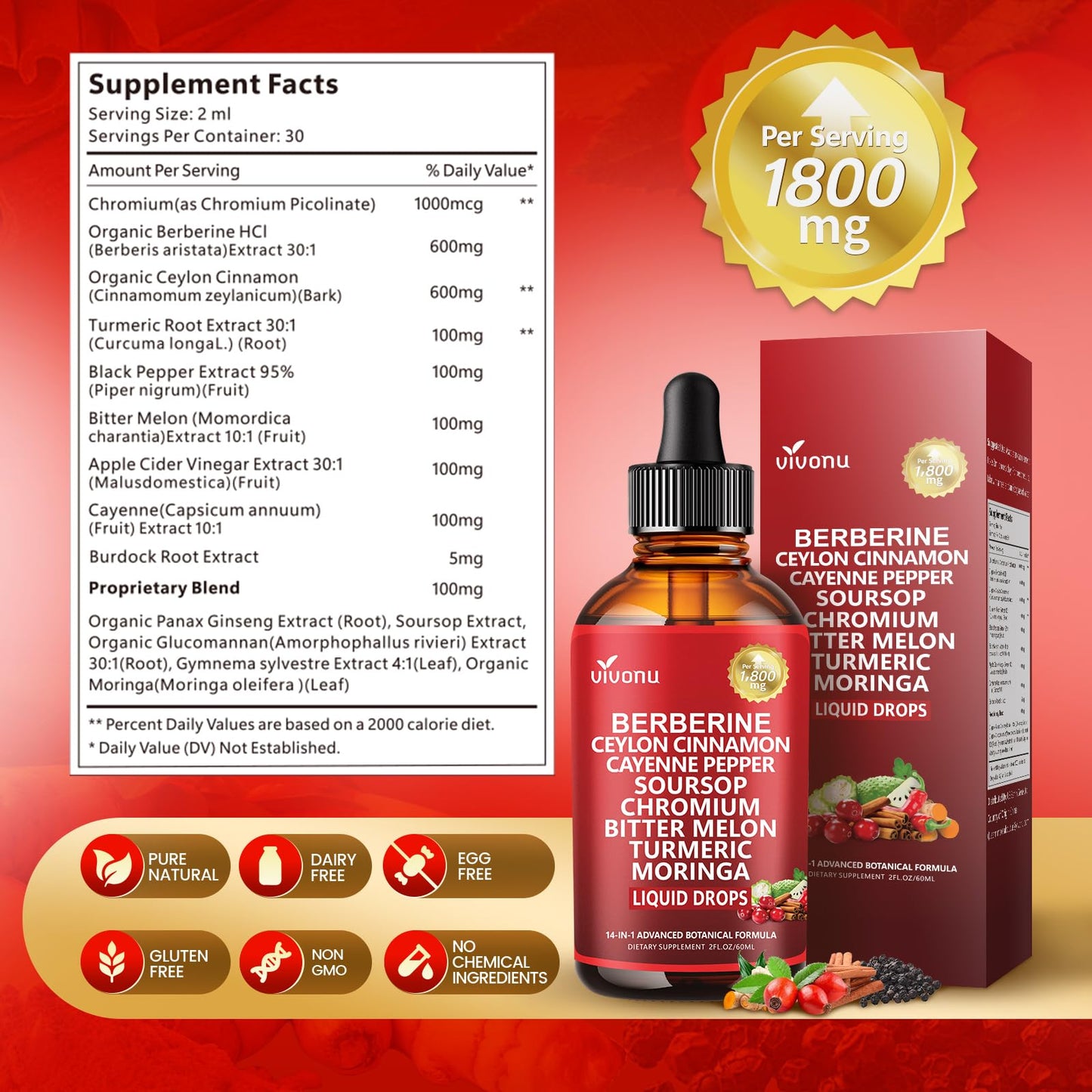 14-in-1 with Ceylon Cinnamon Supplement Liquid Drops, 1800mg + 30:1 Liposomal Tech with Cayenne Pepper, Soursop, Chromium, Bitter Melon,