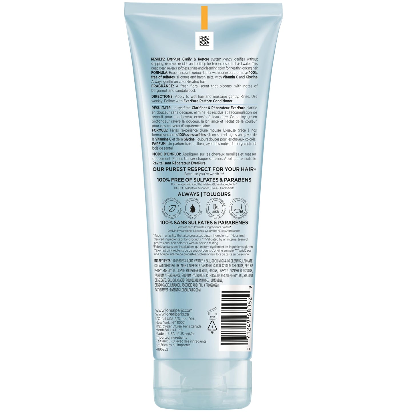 L'Oreal Paris Clarify Sulfate Free Shampoo with Antioxidants, Clarifying Shampoo for Hard Water Exposure and Styling Build-up, EverPure, 6.8 Fl Oz
