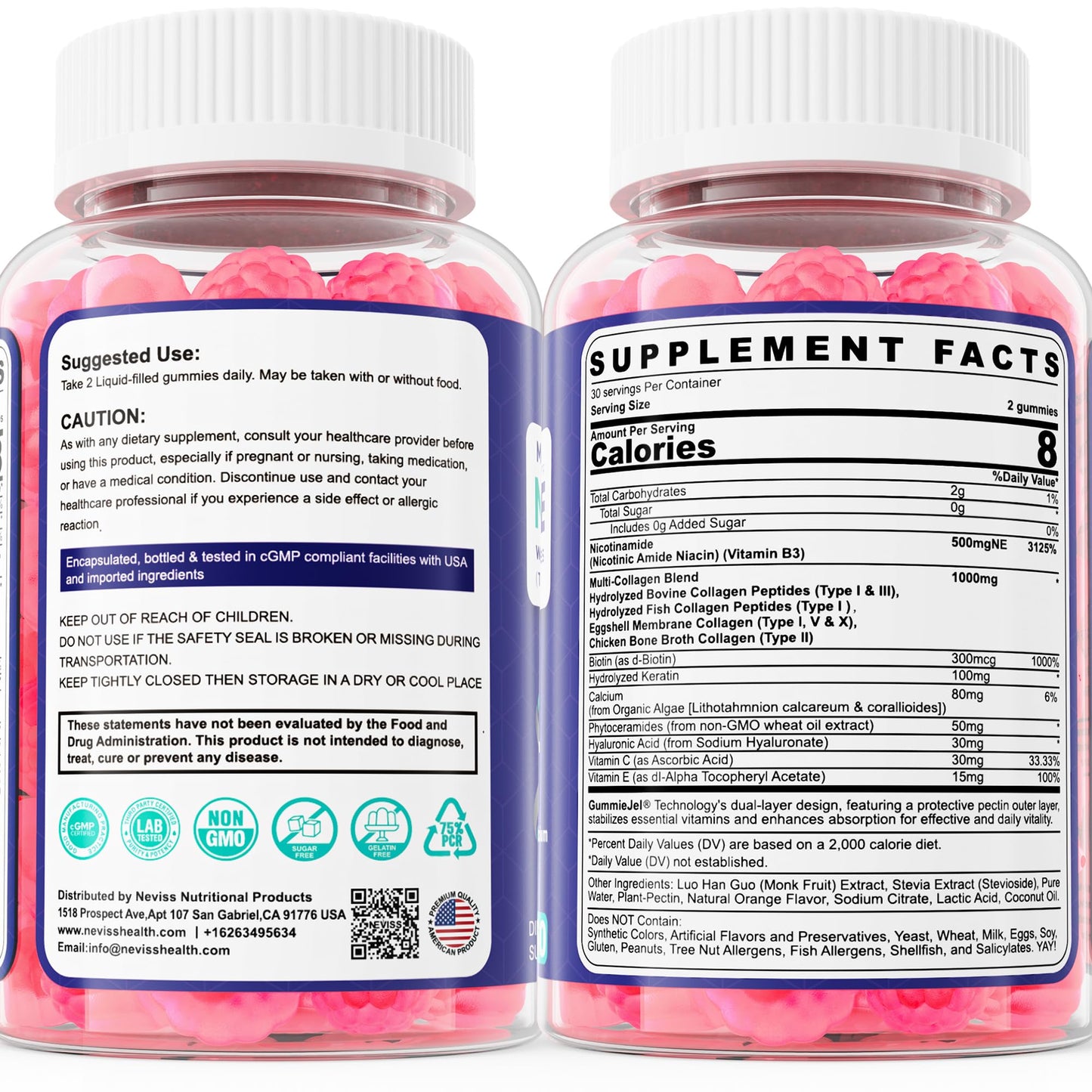 NEVISS Nicotinamide 500mg Gummies, Niacinamide Supplement with Collagen Peptides, (Flush Free Niacin) Vitamin B3 Niacinamide for Anti-Aging, NAD+ Levels,