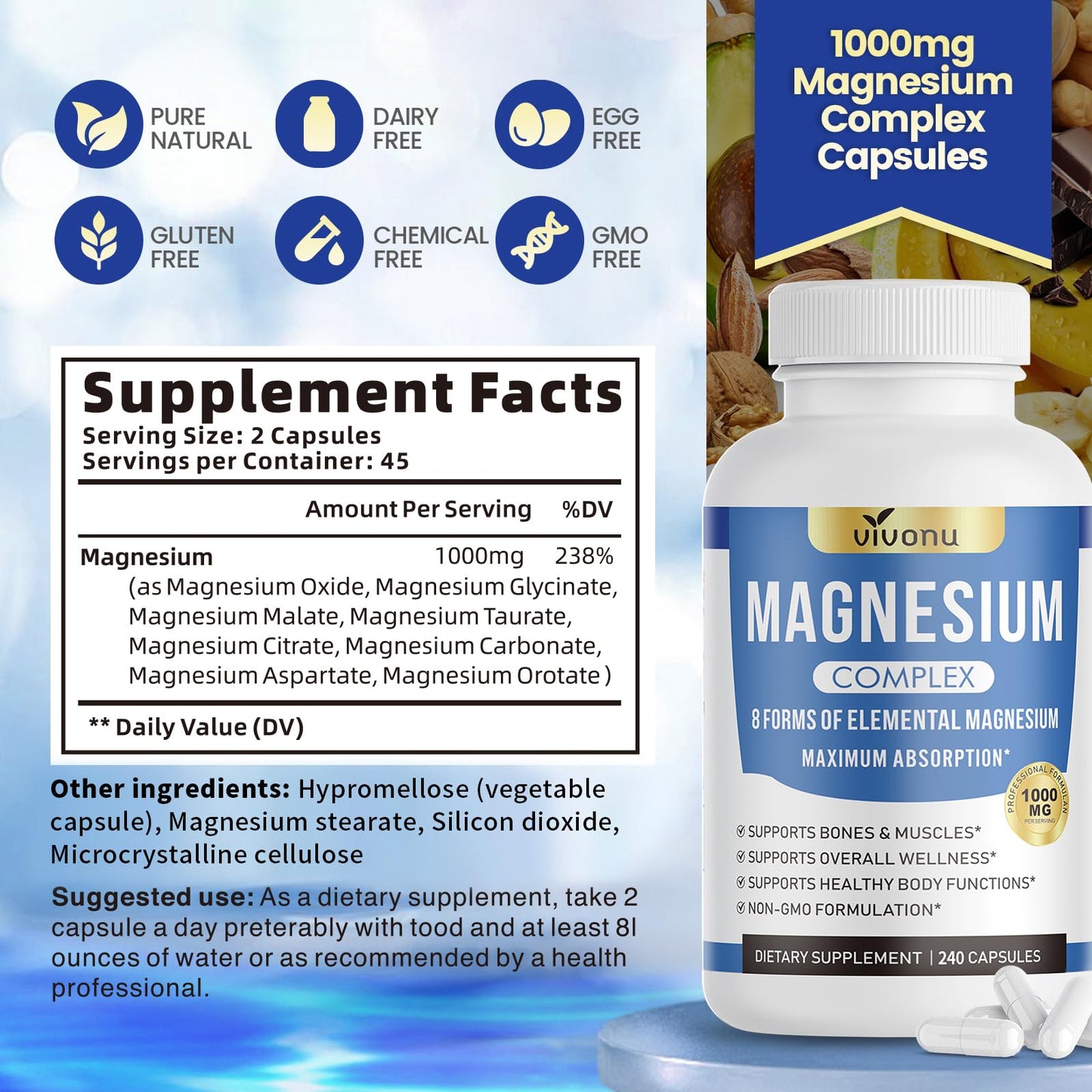1000mg Magnesium Complex for Women & Men*, 8 Elemental with Magnesium Glycinate, Citrate, Malate, Taurate, Oxide, Carbonate, Aspartate, Orotate for Bones, Muscle, Recovery, Energy, Vegan, 90 Capsules VivoNu buy supplements Au