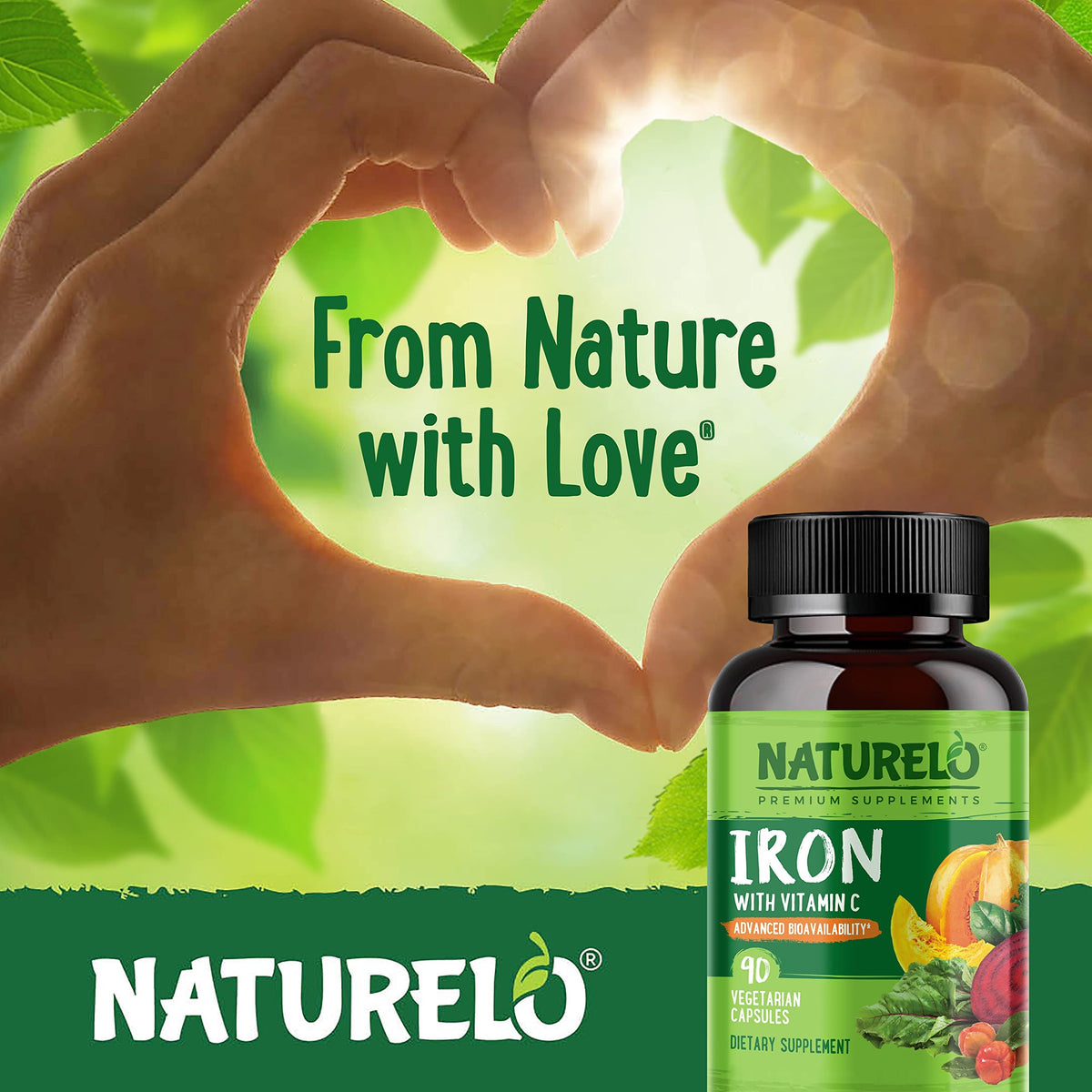 NATURELO Vegan Iron Supplement with Vitamin C and Organic Whole Foods - Gentle Iron Pills for Women & Men with Iron Deficiency Including Pregnancy, Anemia and Vegan Diets - 90 Mini Capsules