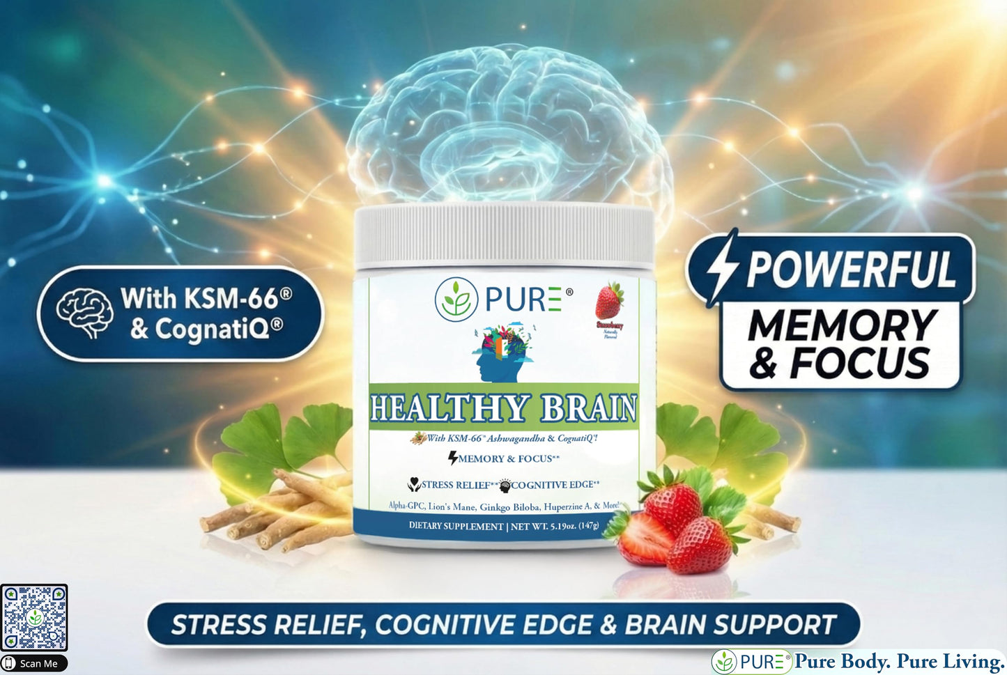 PURE® Healthy Brain Nootropic Powder - 30 Servings - 1.25g Lion’s Mane, 600mg Alpha-GPC & KSM-66® Ashwagandha - Cognitive Support for Memory, Focus & Stress Relief - 147 Grams, Strawberry Flavor! PURE buy supplements Au