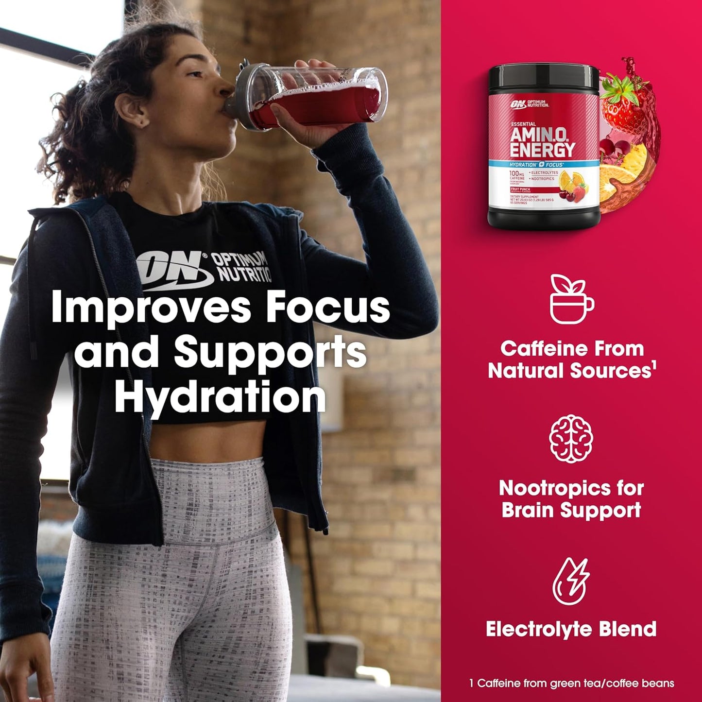 Optimum Nutrition Amino Energy Powder Plus Focus, Electrolytes, and Caffeine, Fruit Punch, 65 Servings (Packaging May Vary)