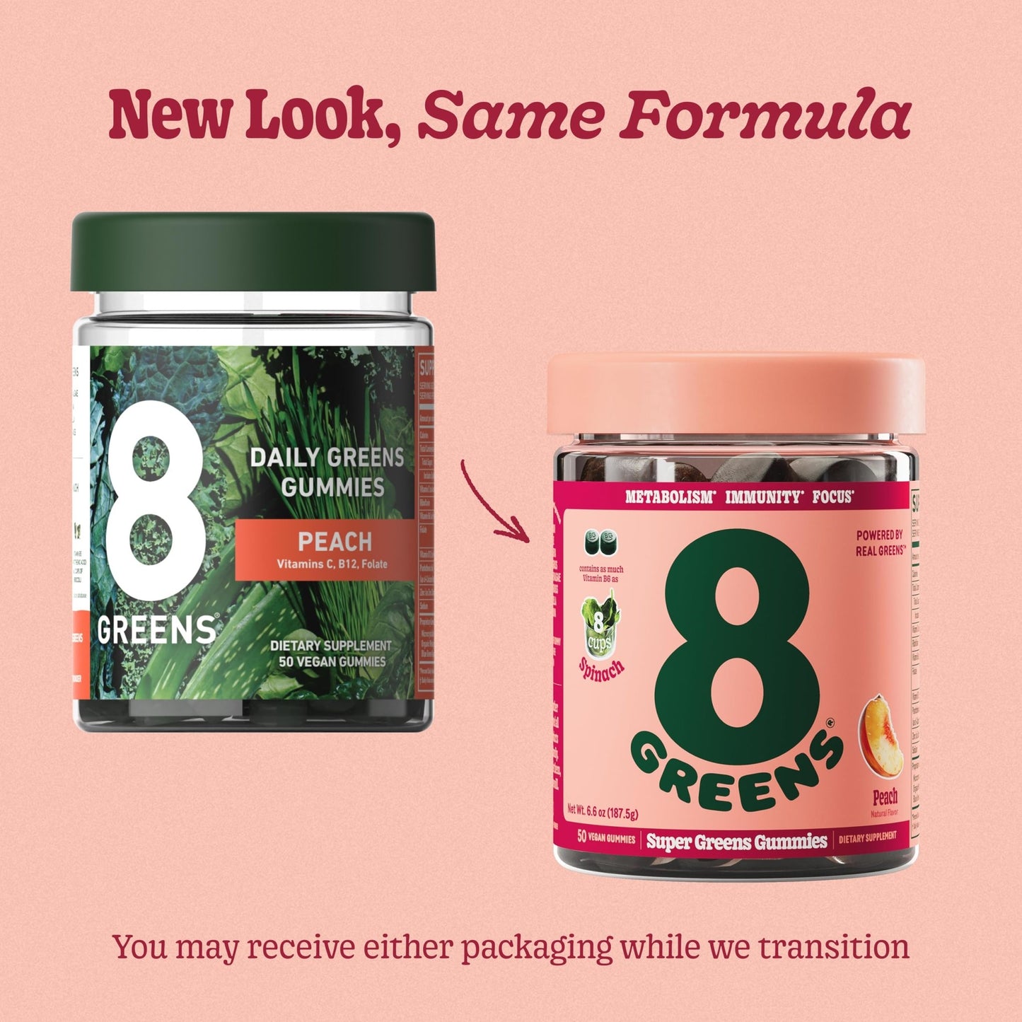 8Greens Supergreens Gummies | Super Greens Powder Superfood Gummy for Metabolism, Immunity & Focus, Digestive Health Enzymes, Organic: Chlorella, Spirulina, Aloe Vera, Peach Flavor, 200 Count - dailyvitalstore