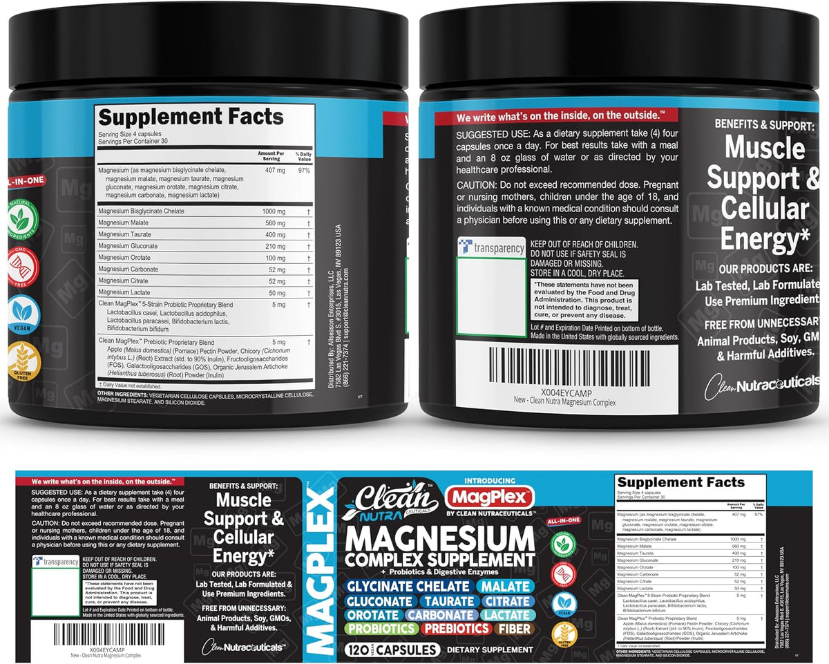 8in1 Magnesium Supplement Complex | Magnesium Glycinate Citrate Malate Gluconate Orotate Carbonate Lactate + Prebiotics Probiotics Digestive Enzymes Magnesio Capsules for Women Men By Clean Nutra