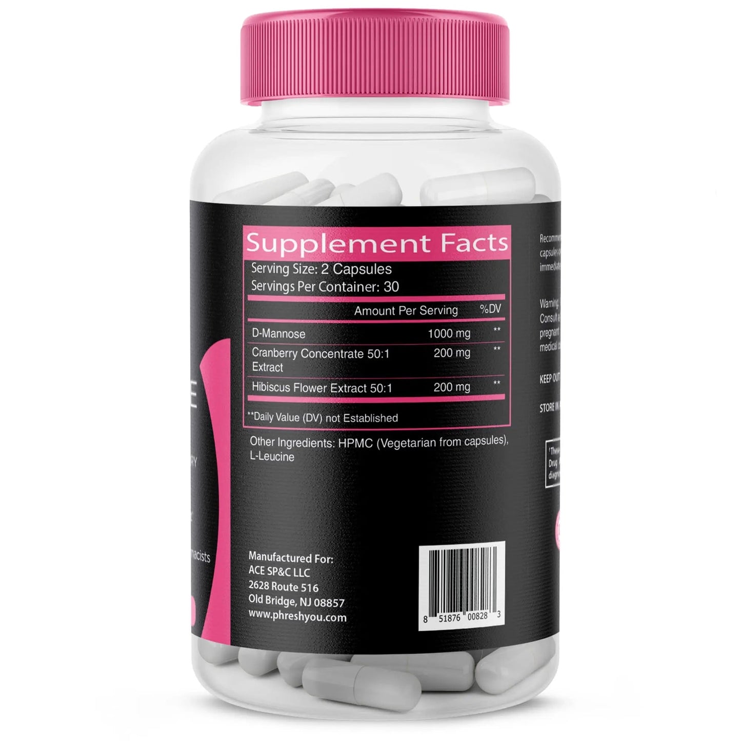 ACE NUTRITION pHresh D-Mannose with Cranberry Capsules for Women and Men, Maximum Strength 1000 mg Per Serving - Supports: Urinary Tract Health - Made in The USA - dailyvitalstore
