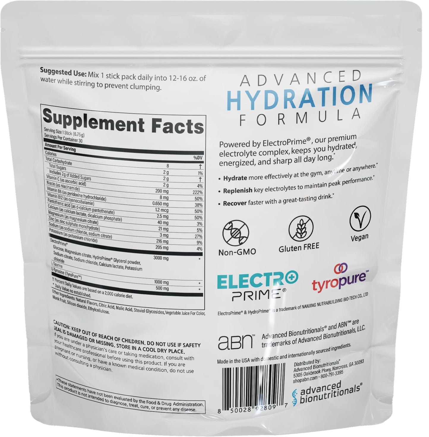 Advanced Bionutritionals Advanced Hydration Formula Electrolyte Drink Mix Powder with ElectroPrime®, L-Taurine, TyroPure™, B-Vitamins, Vitamin C – Strawberry Watermelon – 30 Stick Packs - dailyvitalstore