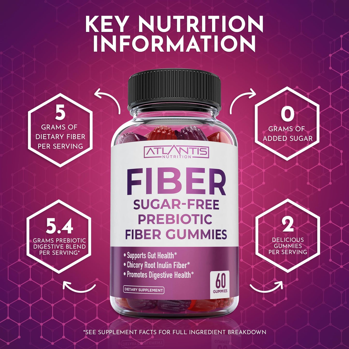 Atlantis Nutrition Sugar Free Fiber Gummies for Adults - 5G Fiber Supplement Formulated with 5.4G Prebiotic Digestive Blend/Serving - Supports Gut Health & Healthy Digestion - dailyvitalstore