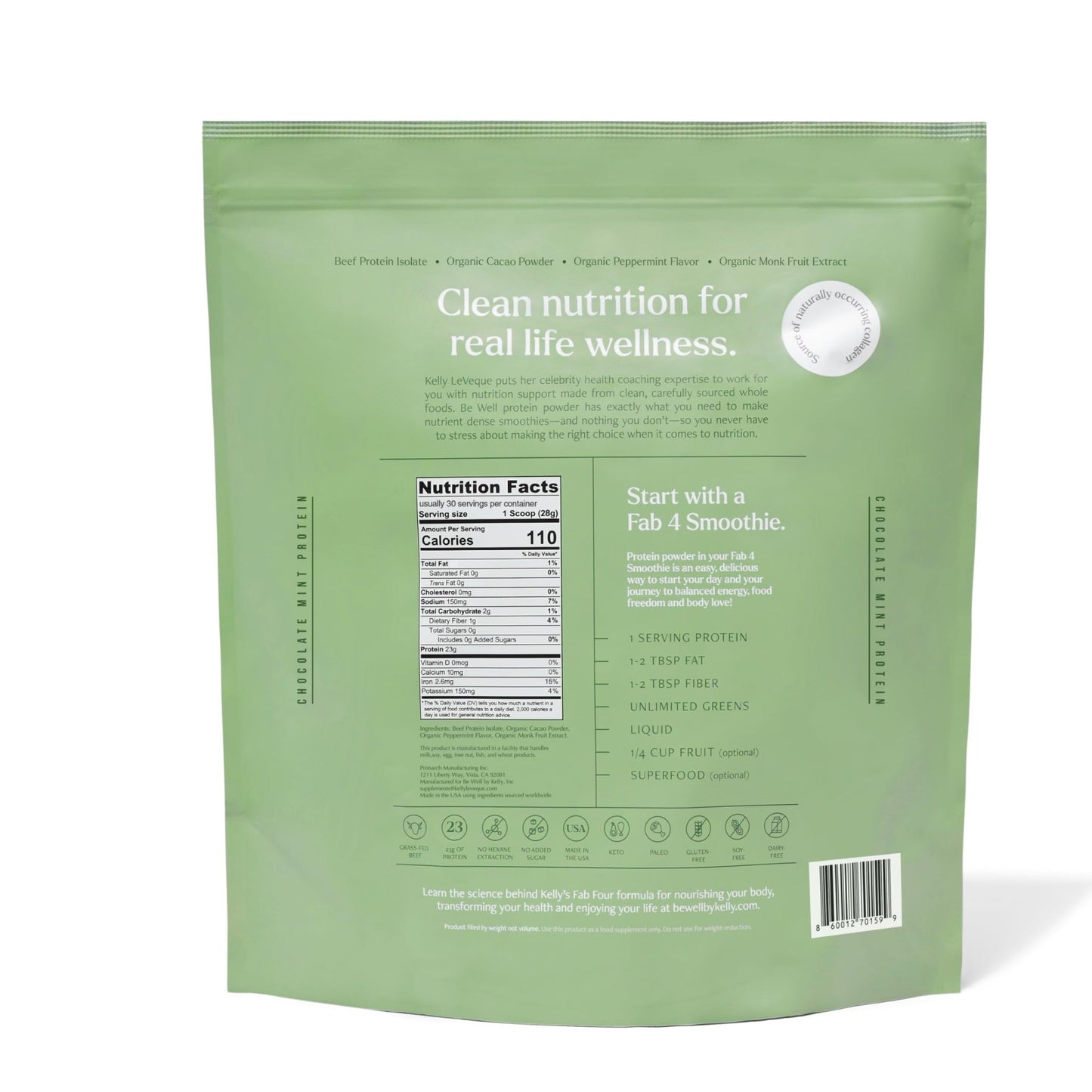 Be Well by Kelly Mint Chocolate Grass-Fed Beef Protein Powder, 23G of Protein & 1G of Carbs (4 Ingredients, 30 Servings) 9 Amino Acids + 3 BCAAs No Soy, - dailyvitalstore