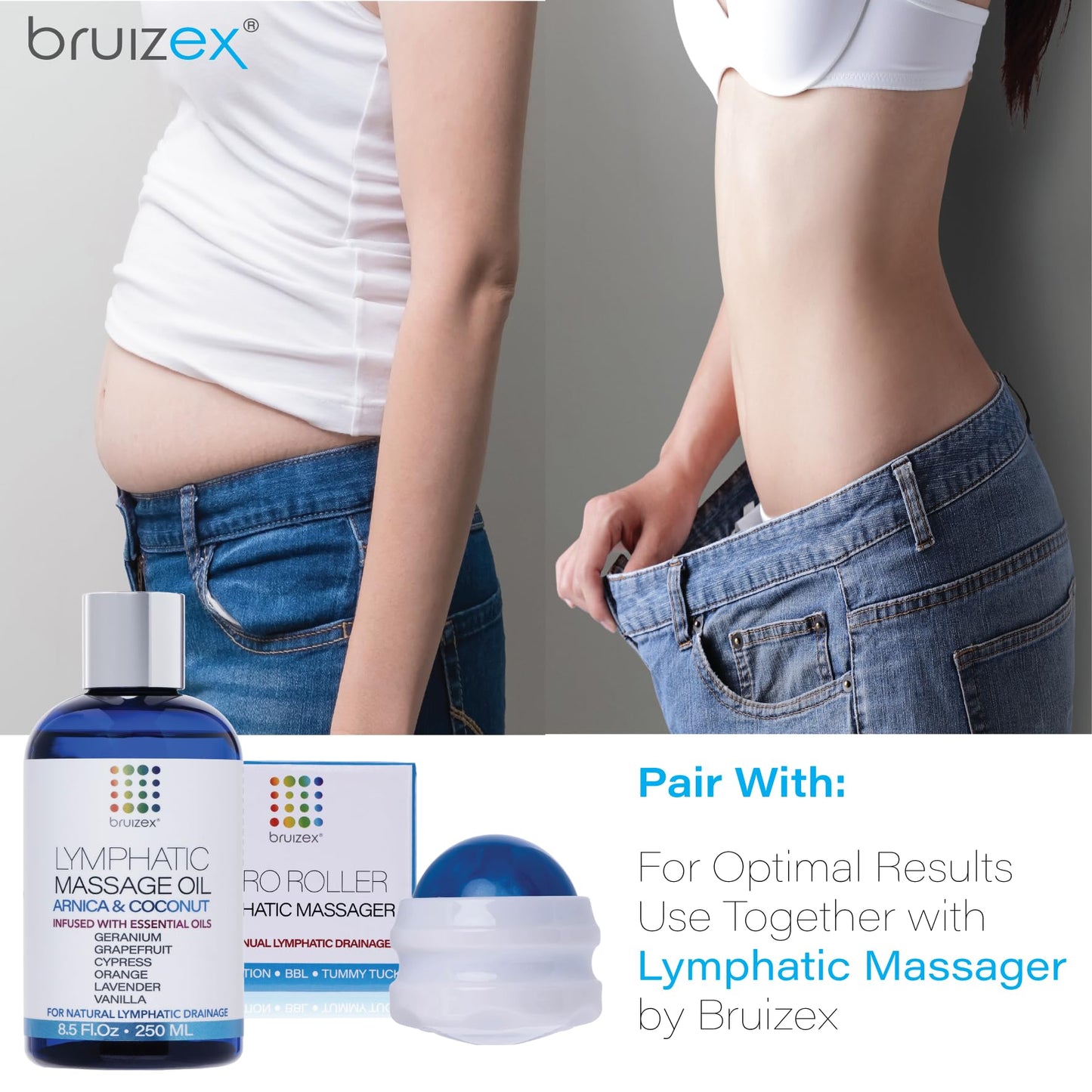 Bruizex Lymphatic Drainage Massage Oil with Arnica Oil & Coconut for Post Surgery Recovery & Lymphatic Drainage Massager, Liposuction, 360 Lipo, BBL, Tummy Tuck Procedure, Moisturizing Formula, 8.5 Oz - dailyvitalstore