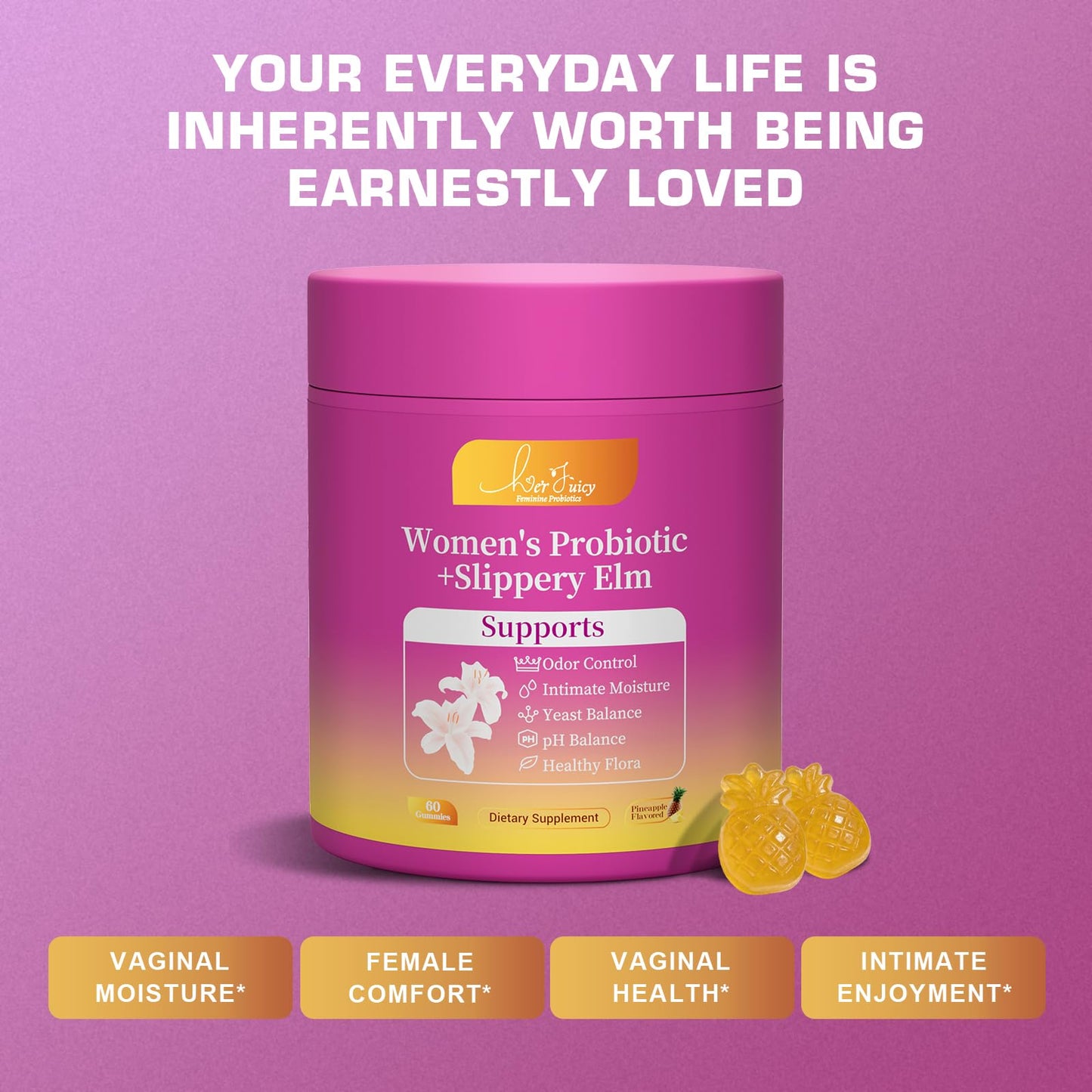 Brurtzexs Her Juicy Feminine Probiotics Gummies for Women with Slippery Elm - Pineapple Flavor, pH Balance & Immune Health Support - Digestive & Feminine Support - Vegan Supplement, 60 C - dailyvitalstore