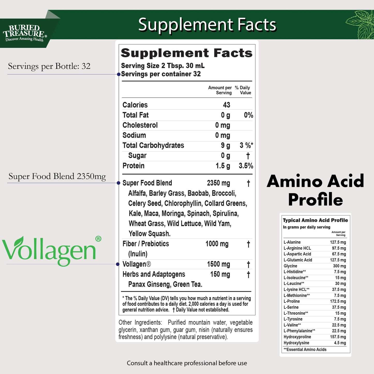 Buried Treasure Green20 Fusion – Superfood Blend with Vollagen for Skin, Hair, and Joint Support, Plant-Based, Vegan, Non-GMO Gluten-Free, Dairy-Free, Soy-Free, 32oz Liquid - dailyvitalstore