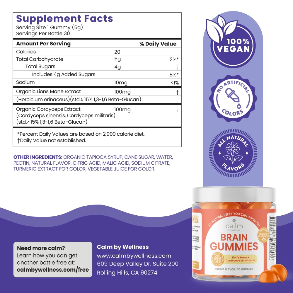 Calm by Wellness Lion’s Mane Gummies for Adults – Vegan Mushroom Gummies with Lion’s Mane & Cordyceps for Brain Support, Memory & Focus, Immune Boost – Citrus Flavor, 30 Count - dailyvitalstore