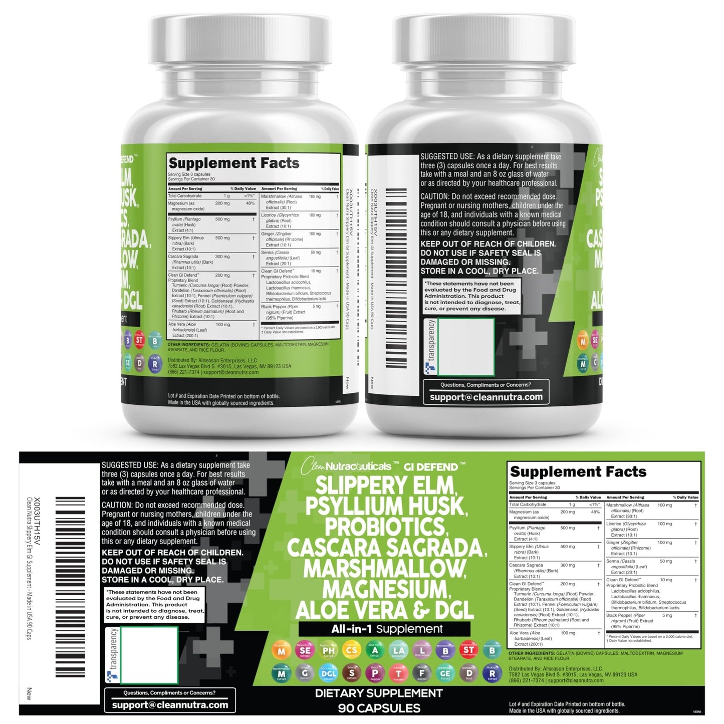 Clean Nutraceuticals Slippery Elm Psyllium Husk Pre Probiotic Digestive Gut Health Supplement with Aloe Vera Cascara Sagrada - dailyvitalstore