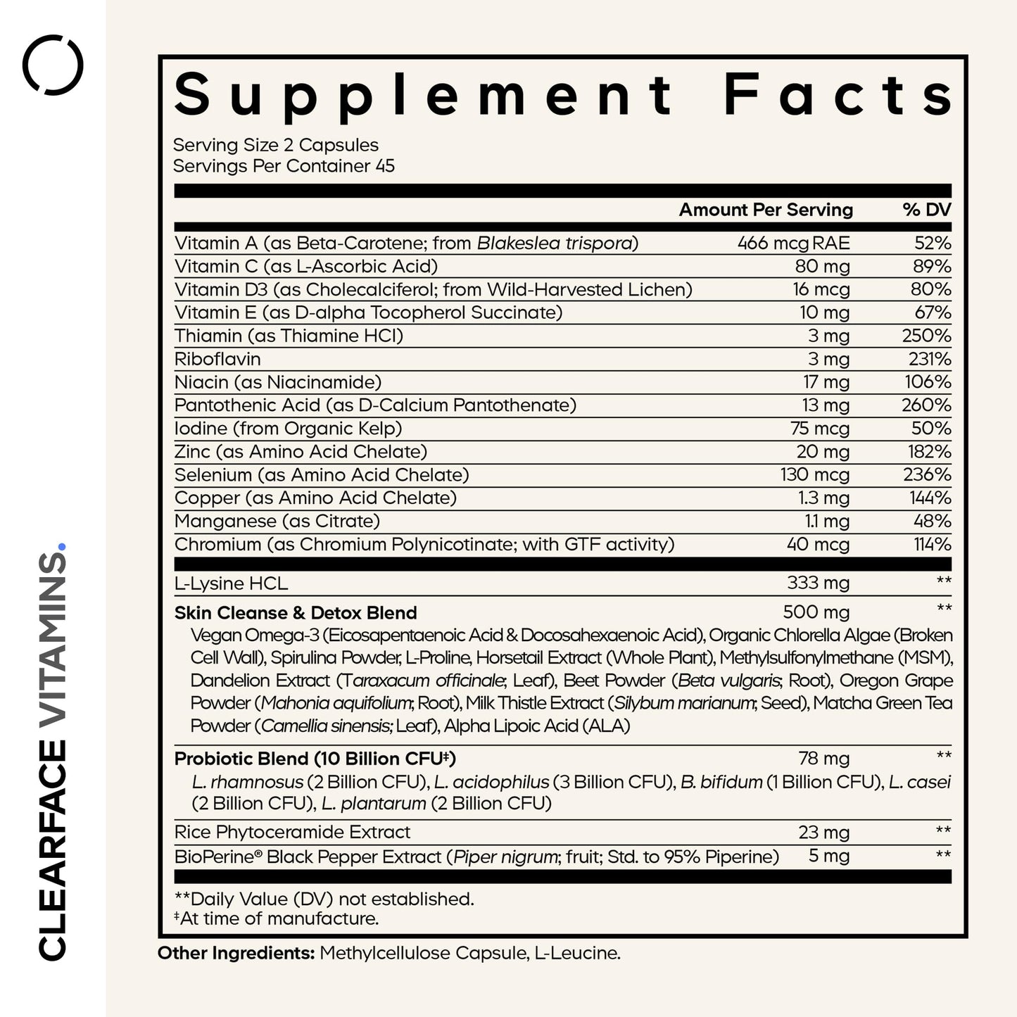 Codeage Clearface Pantothenic Acid, Niacin Supplement, Vitamins A, C, D3, E, Probiotics, Zinc, Riboflavin, Thiamin, L-Lysine HCL & Omega-3, Niacinamide, Skin Botanical Blend - Non-GMO - 90 Capsules - dailyvitalstore