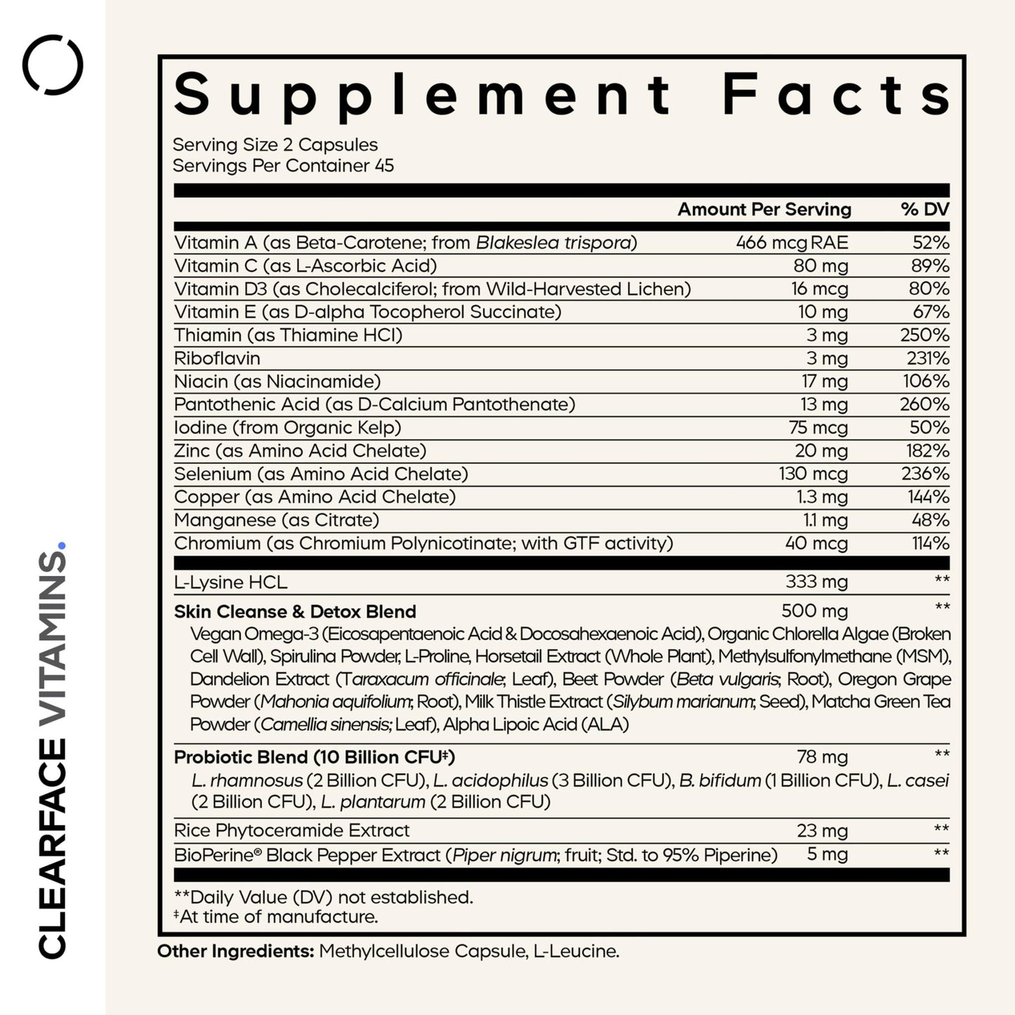 Codeage Clearface Pantothenic Acid, Niacin Supplement, Vitamins A, C, D3, E, Probiotics, Zinc, Riboflavin, Thiamin, L-Lysine HCL & Omega-3, Niacinamide, Skin Botanical Blend - Non-GMO - 90 Capsules - dailyvitalstore
