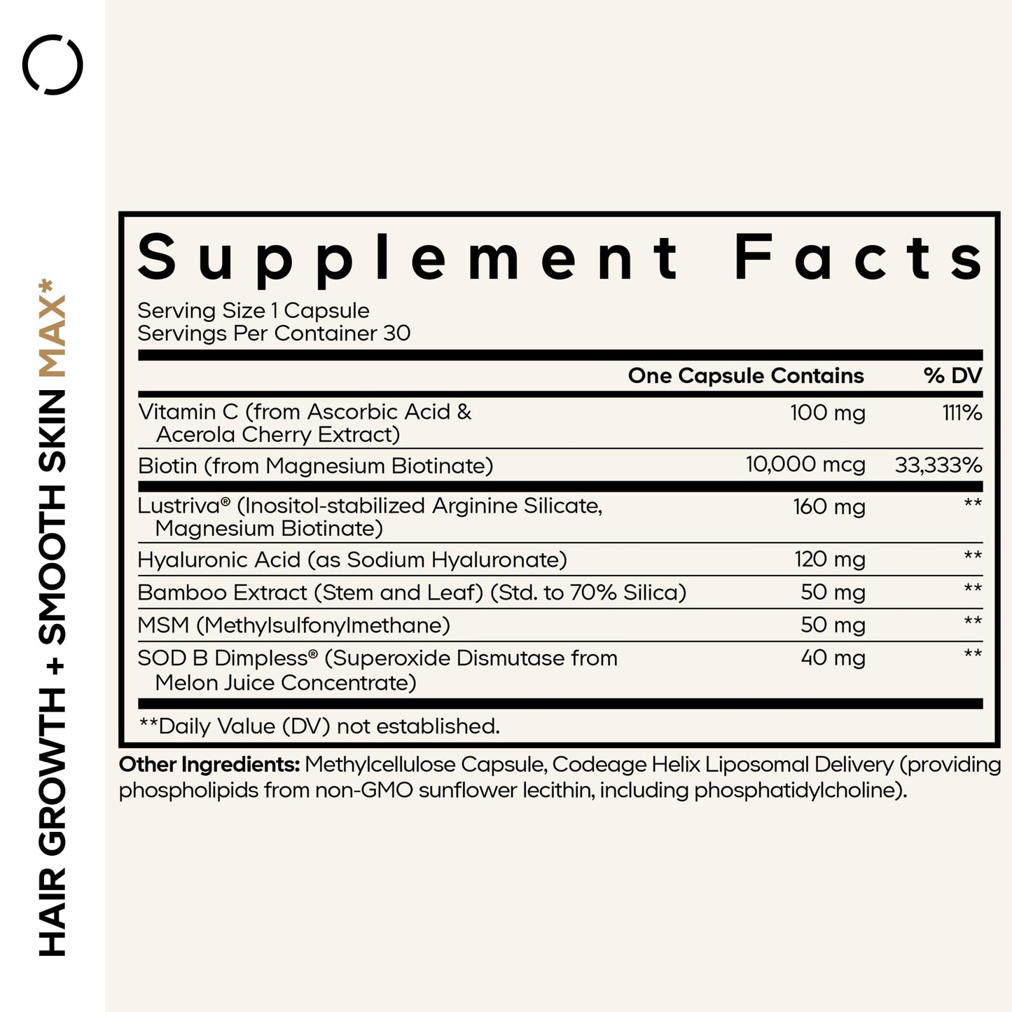 Codeage Hair Growth + Smooth Skin Max Vitamins Supplement - Patented Lustriva & SOD B Dimpless Superoxide Dismutase - Hair Growth Health Skin Cellulite Support - Biotin, Vitamin C, MSM - 30 Capsules - dailyvitalstore