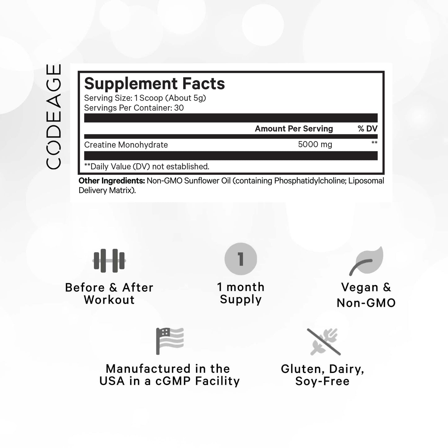 Codeage Liposomal Creatine Powder Supplement, Pure Creatine Monohydrate 5000mg, Pre Workout & Post Workouts - Unflavored Creatine, Micronized Creatine Powder - Creatinine for Sports - 30 Servings - dailyvitalstore