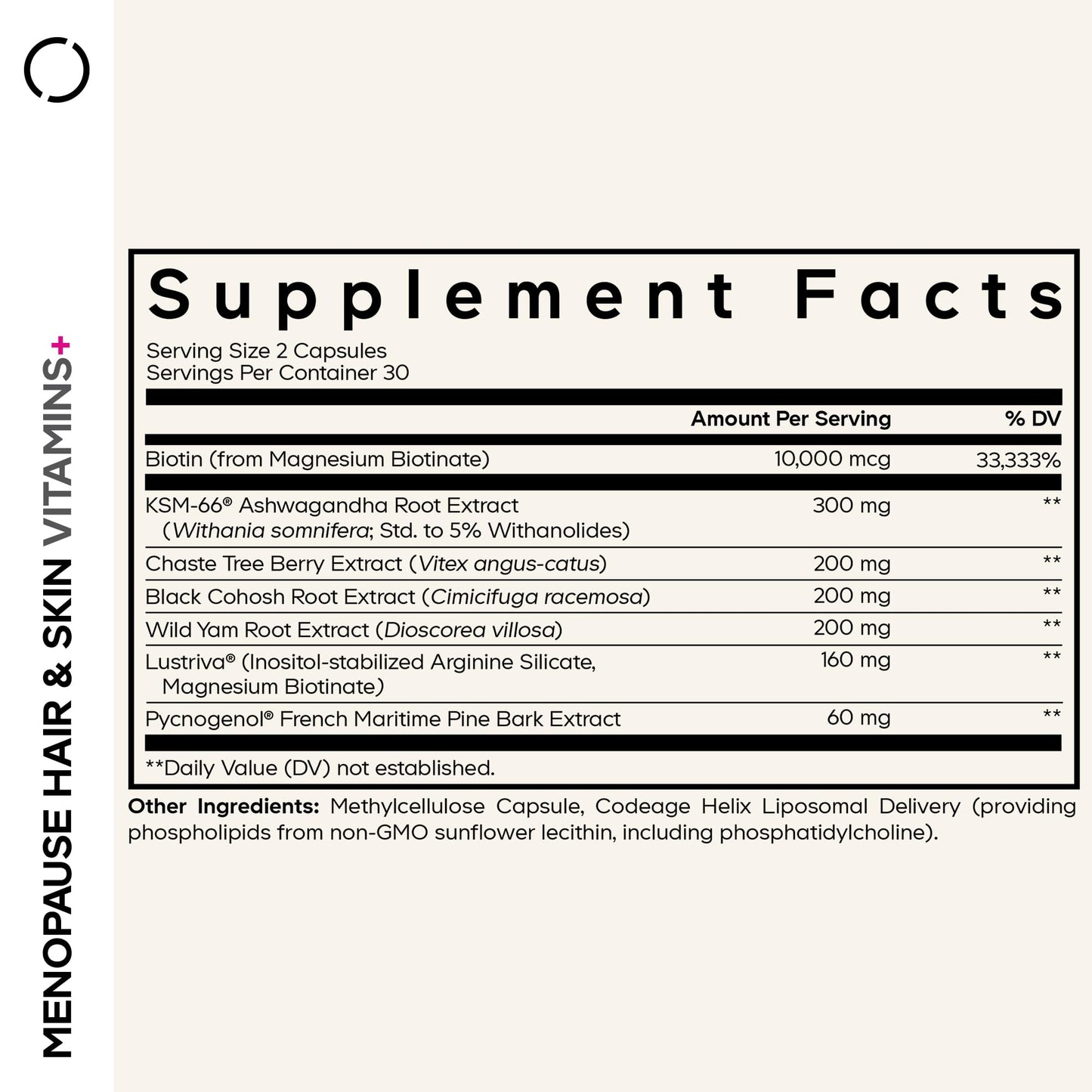 Codeage Menopause Hair & Skin Vitamins+ - Patented Lustriva, Pycnogenol, KSM-66 Ashwagandha - Hair Density Skin Perimenopause Support - Menopause Supplement - 10,000 Mcg Biotin, Wild Yam - 60 Capsules - dailyvitalstore