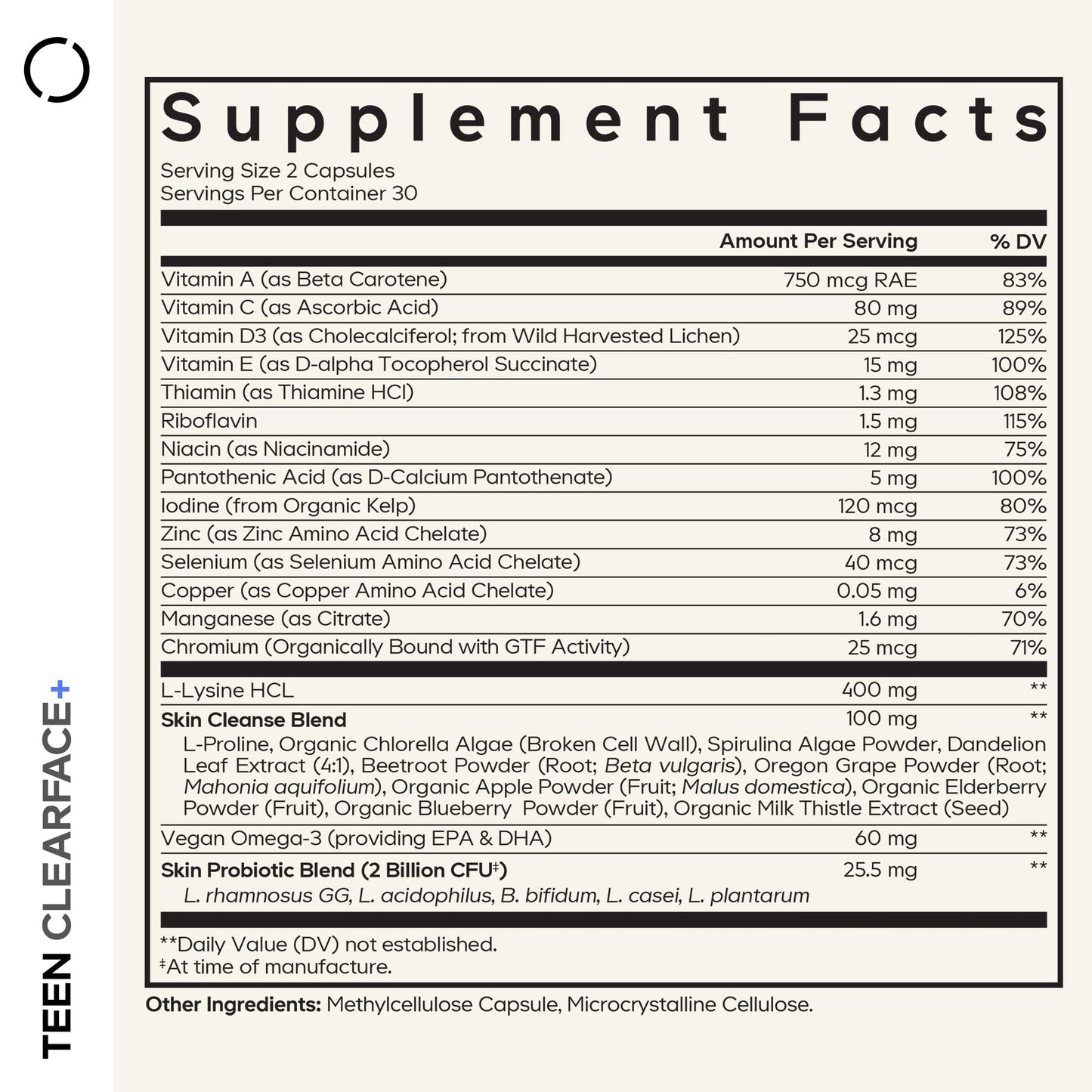 Codeage Teen Clearface Adolescent Face, Skin & Pimples, Vitamins A, C, D3, E, Pantothenic Acid, Niacin, Zinc Supplement Teenagers, Probiotics, L-Lysine, Omega-3, Oily Skin, Pores, Spots - 60 Capsules - dailyvitalstore