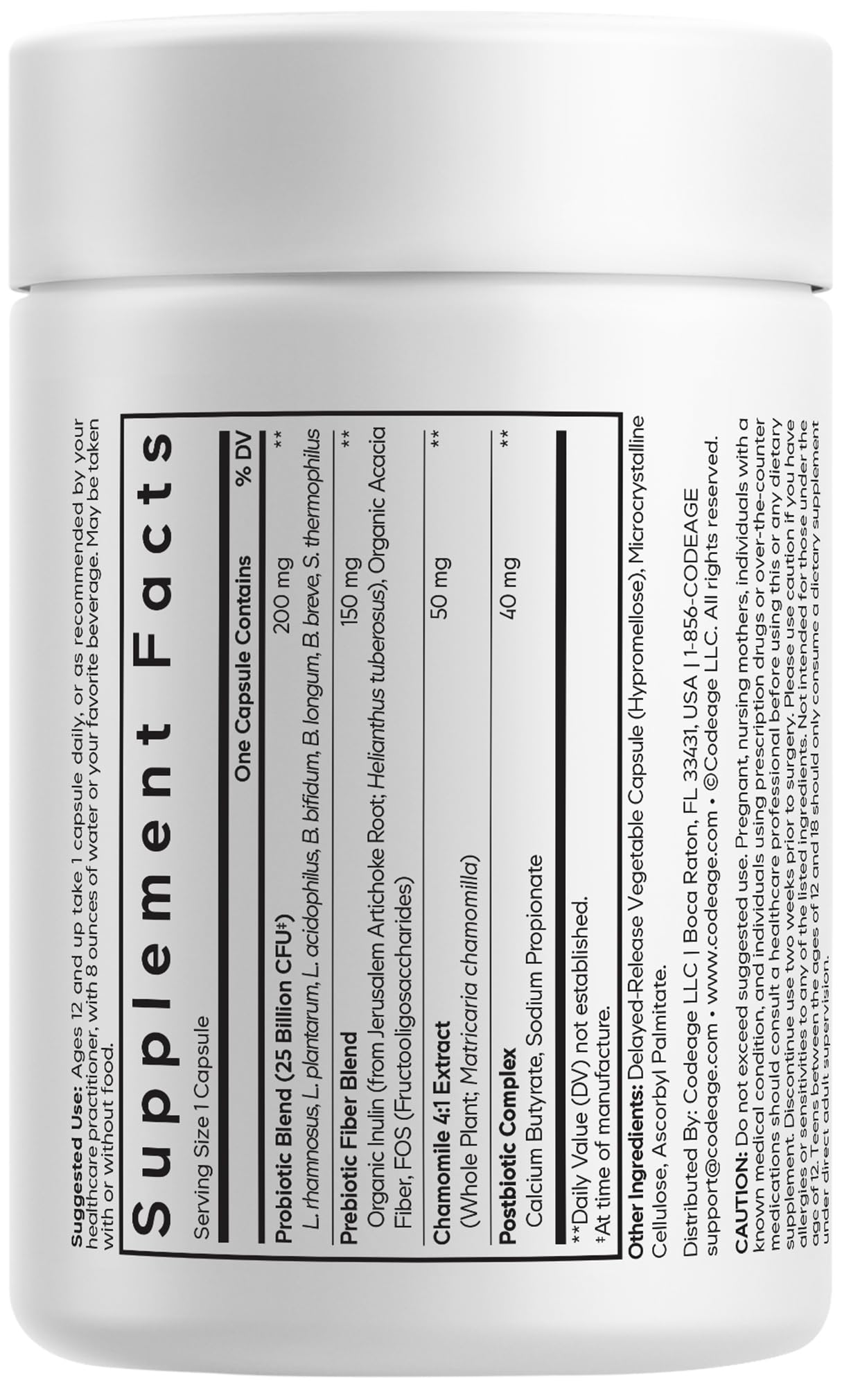 Codeage Teen Probiotic+ Supplement - 25 Billion CFU Probiotic Blend with Prebiotics, Postbiotics & Chamomile - Gut & Digestion Support for Teens and Teenagers 12 & Up - Non-GMO- 30 Capsules - dailyvitalstore
