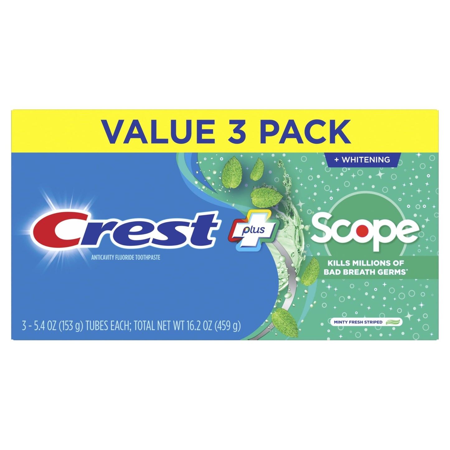 Crest + Scope Whitening Toothpaste - Pack of 3, 5.4 Oz Tubes - Anticavity Fluoride Toothpaste, Fresh Breath, Kills Germs - Tartar Protection, - dailyvitalstore
