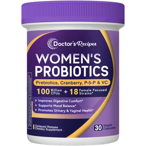 Doctor's Recipes Probiotics for Women, 100 Billion CFU, 18 Probiotic Strains, Prebiotics, Cranberry, P-5-P & VC, Vaginal, Digestive & Immune Support, Shelf-Stable, 30 Vegan Caps - dailyvitalstore