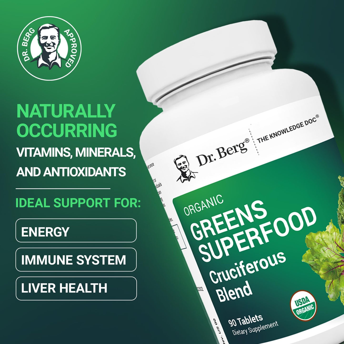 Dr. Berg's Greens Superfood Cruciferous Vegetable Tablets - Vegetable Supplements for Adults w/ 11 Phytonutrient Super Greens - Energy, Immune System & Liver Veggie Tablets - 90 Tablet - dailyvitalstore