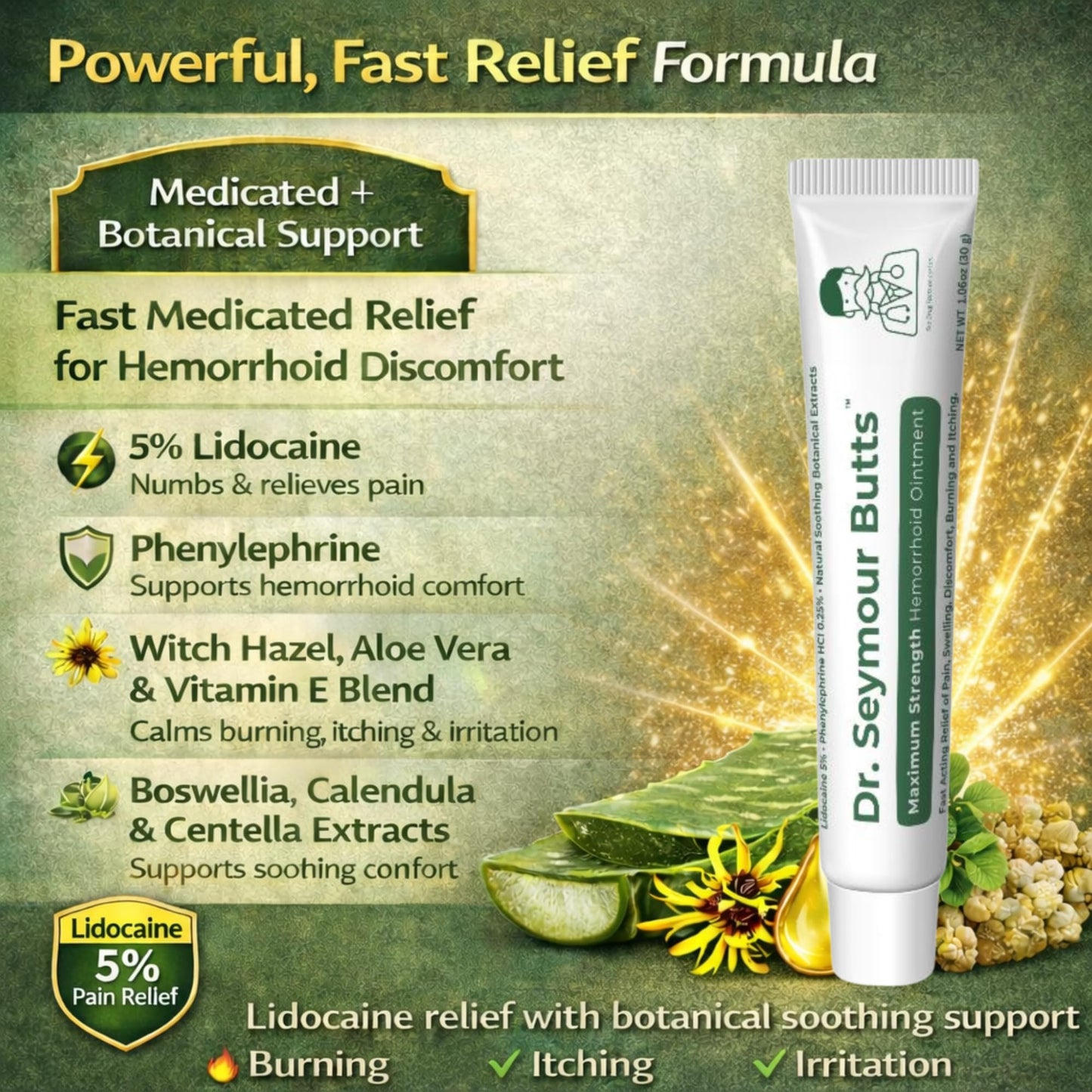 Dr. Seymour Butts Hemorrhoid Ointment – Lidocaine 5% Pain Relief for Burning, Itching & Irritation | External Hemorrhoid Care with Witch Hazel, Aloe & Botanical Support - dailyvitalstore