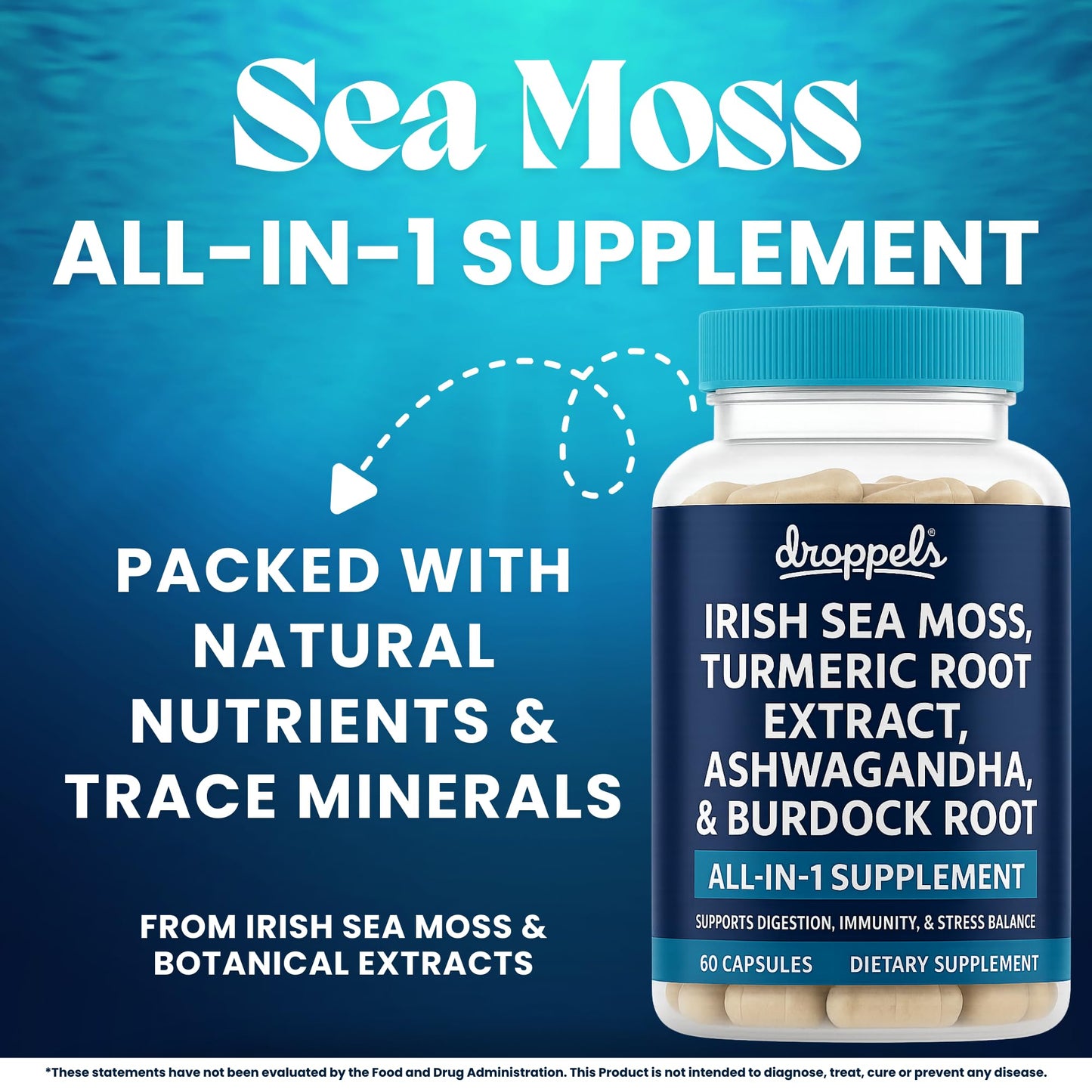 Droppels Irish Sea Moss Capsules with Turmeric Root, Ashwagandha, Black Pepper & Burdock Root – Natural Mineral Blend for Immune, Digestion, Joint & Energy Support – Vegan, Non-GMO – 60 Capsules - dailyvitalstore