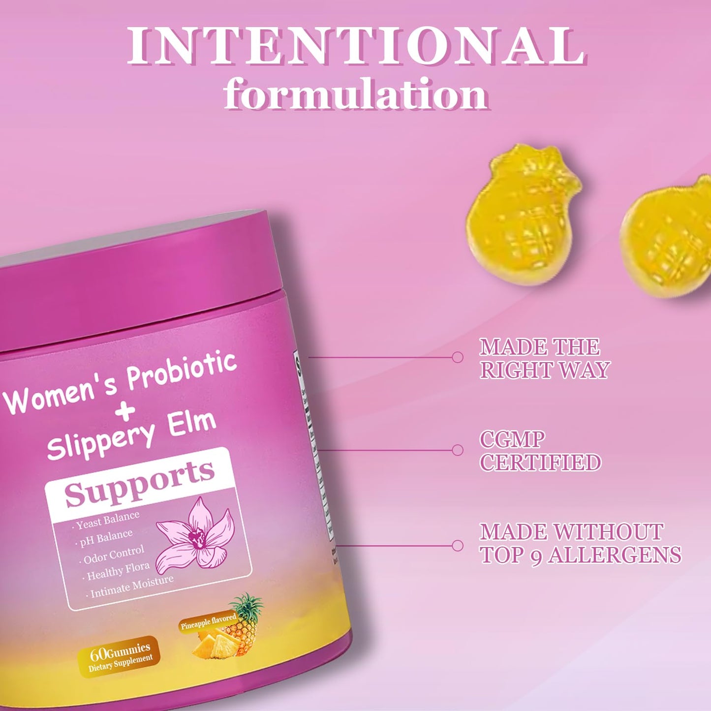 DYALE Her Juicy Feminine Probiotics Gummies for Women | Pineapple Flavor | Supports pH Balance, Gut Health & Immune System | with Slippery Elm, Prebiotics & Lactobacillus Blend | 60 Gummies (2pcs) - dailyvitalstore