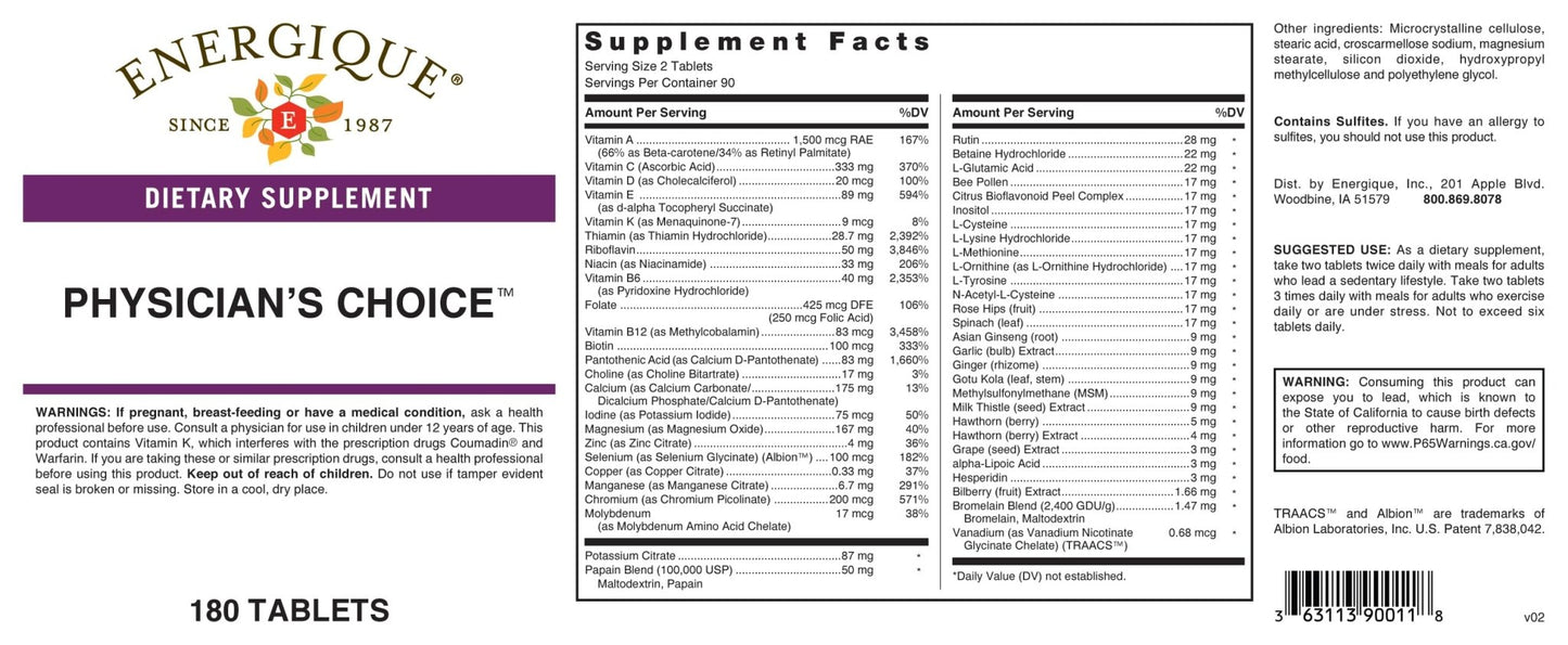 Energique Physician's Choice multivitamin Providing Optimal doses of Essential Vitamins and Minerals. - dailyvitalstore