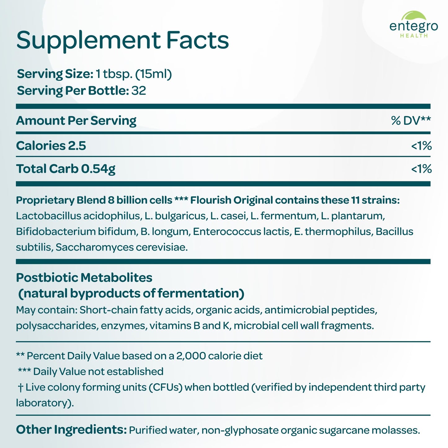 ENTEGRO Flourish Original Liquid Probiotic & Postbiotic Supplement - Glass | 11 Live Cultures | Gut & Digestive Health for Women, Men & Kids | Organic, Vegan - dailyvitalstore