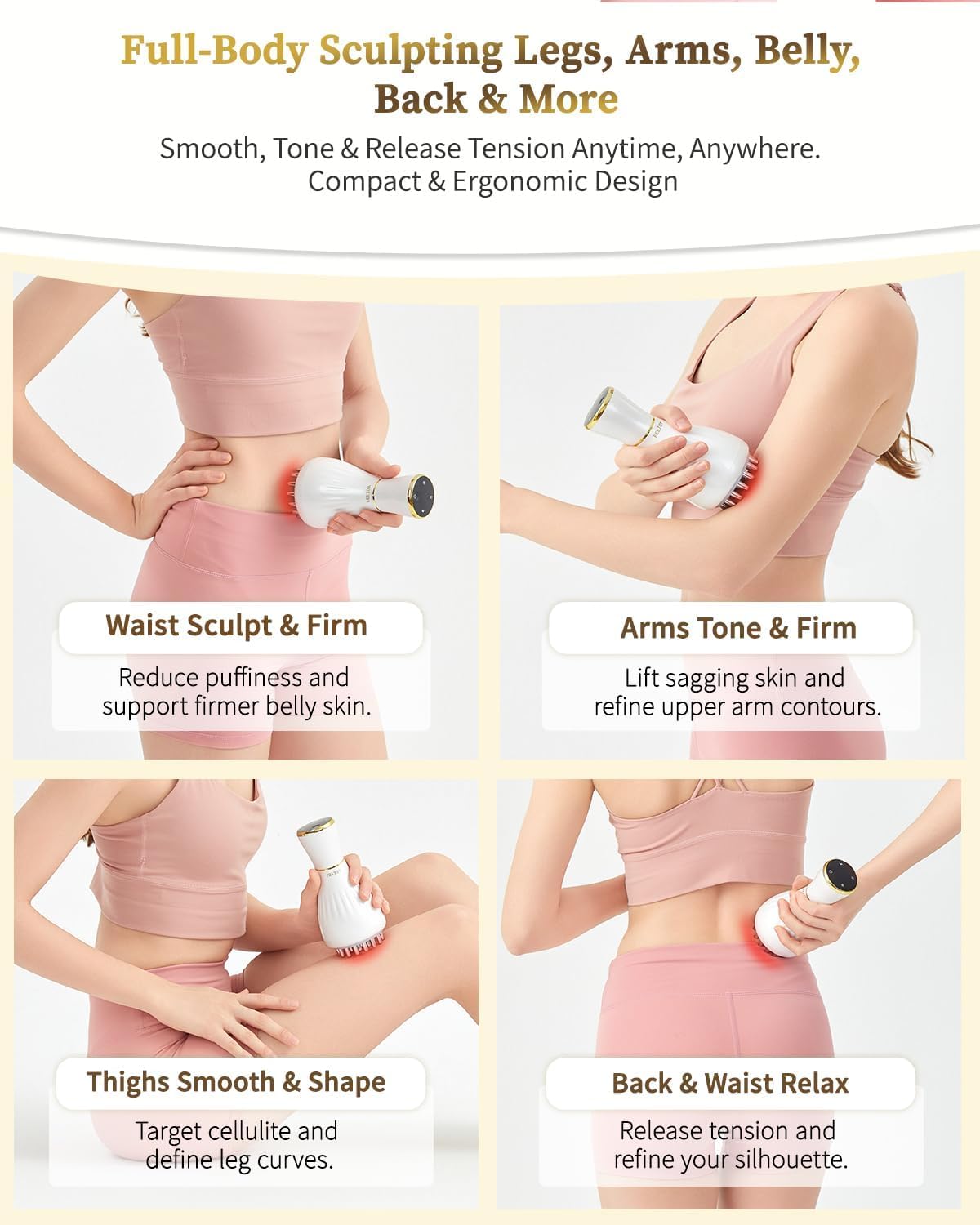 FEEJOY Lymphatic Drainage Massager & Massage Tool, Body Sculpting Machine & Fascia Blaster for Cellulite with Microcurrent, Light, Heat & Vibration, for Legs, Arms & Belly (White) - dailyvitalstore