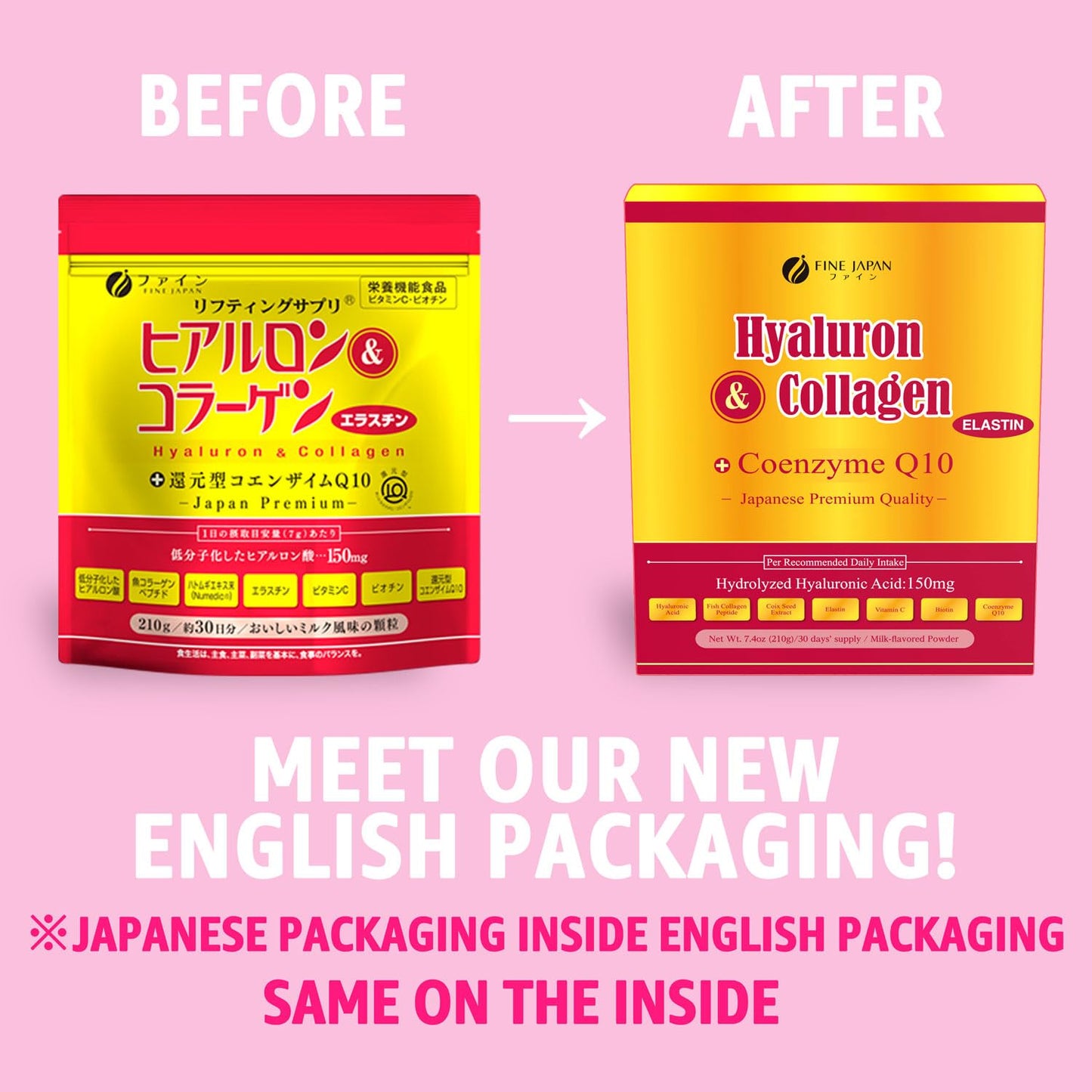 FINE JAPAN Premium Marine Collagen Powder with Hyaluronic Acid, CoQ10 & Elastin - Non-GMO - 30 Servings (210g / 7.4oz) Made in Japan - dailyvitalstore