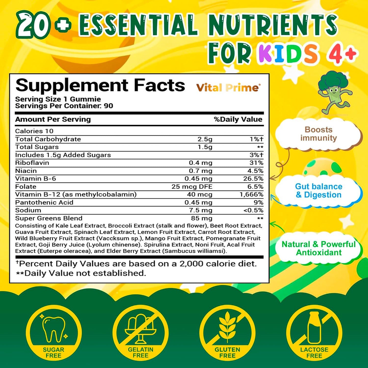FourRoar Vital Prime Super Green Gummies for Kids 90 Count Strawberry & Watermelon Flavor | Fruit and Vegetable Gummies | Vegan Veggies Gummy Multivitamin for Kids - dailyvitalstore