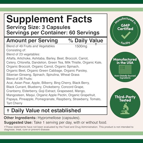 Fruits and Veggies Supplement (Daily Blend of 49 Different Fruits and Vegetables, 23 Veggies and 29 Fruits) 1,500mg Servings, 180 Capsules (No Fillers, Vegan Safe, Non-GMO) by Double Wood - dailyvitalstore
