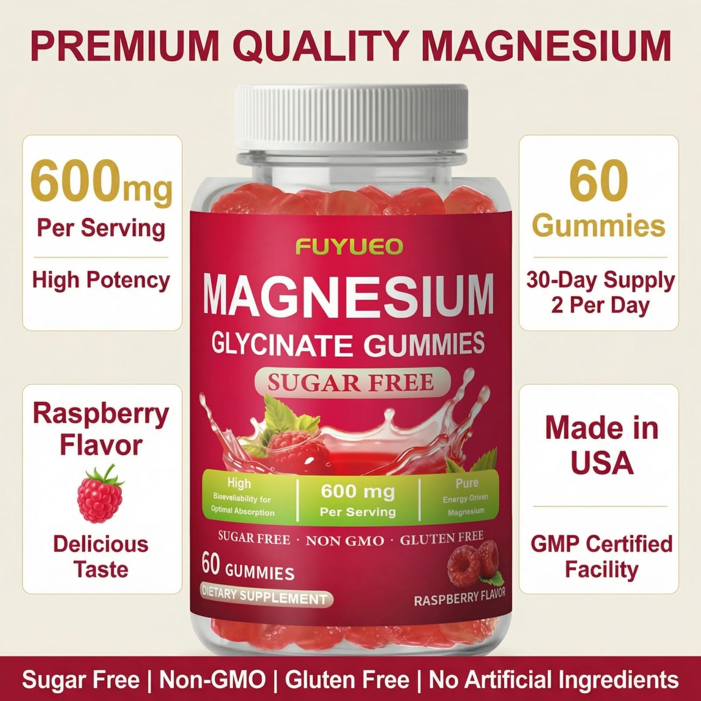 FUYUEO Magnesium Glycinate Gummies for Sleep & Relaxation, Sugar Free High Absorption Magnesium Supplement for Men & Women, Gentle on Stomach, Chewable, Raspberry, 60 Count (Pack of 1) - dailyvitalstore