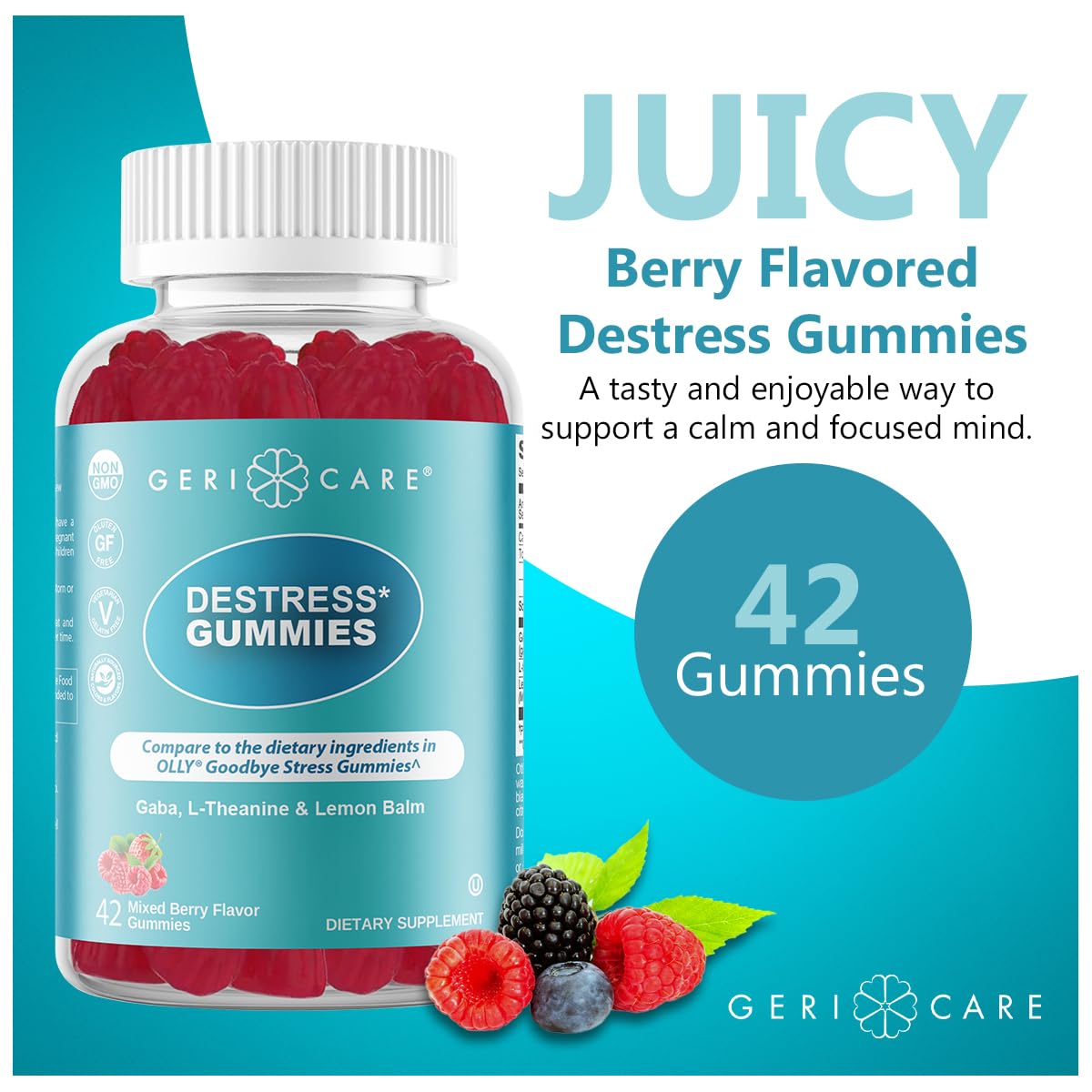 GeriCare DeStress Gummies with GABA, L-Theanine & Lemon Balm Mixed Berry Flavor – 42 Count – Supports Relaxation & Mental Clarity – Non-GMO, Gluten-Free, Vegan - dailyvitalstore