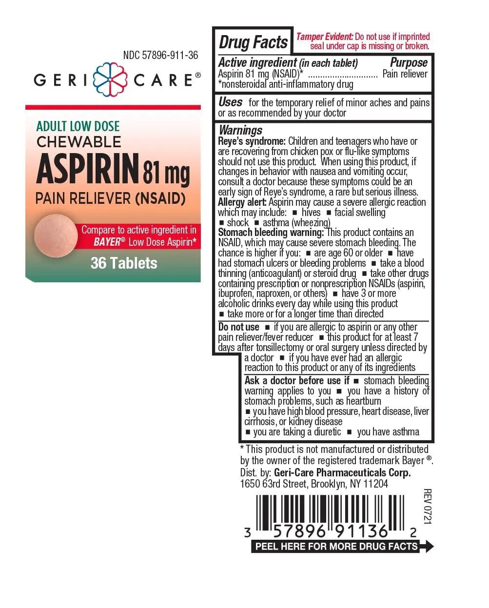 GeriCare Low Dose Adult Chewable Aspirin 81mg, Pain Reliever, Fever Reducer, 36 Count (Pack of 4) - dailyvitalstore