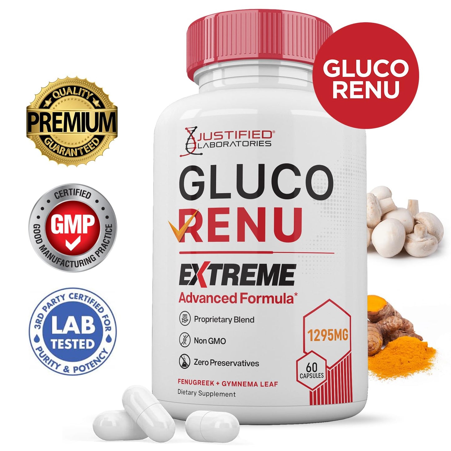 Gluco Renu Extreme 1295MG Glyco Support Pills Advacned Formula Gluo Renew Glycogen Support Formulated with Turmeric Berberine Resveratrol Garlic Bitter Melon Milk Thistle 60 Capsules - dailyvitalstore