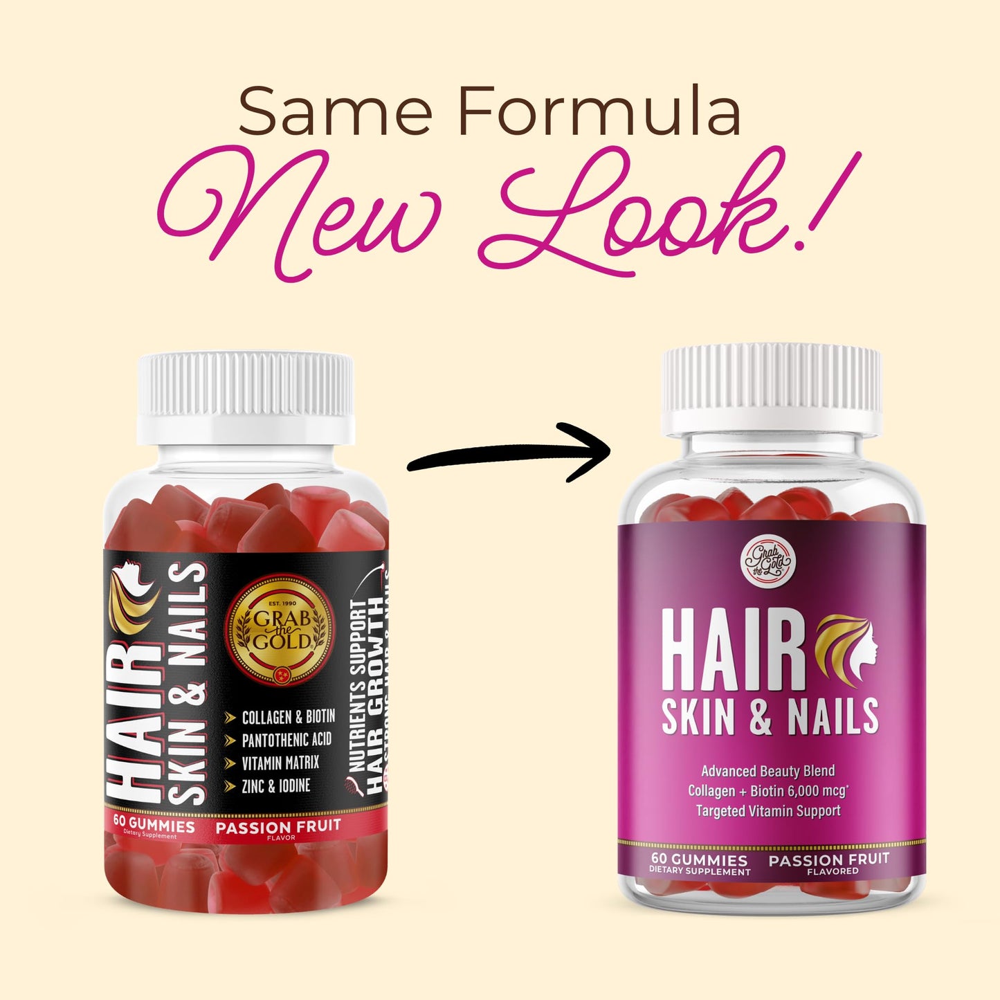 Grab The Gold Hair Skin & Nails Vitamins for Women | Gummies with 6000mcg Biotin & Collagen | 10 Essential Vitamin & Minerals | Gluten-Free, Non-GMO, Passion Fruit Flavor | 1 Month Supply, Made in USA - dailyvitalstore