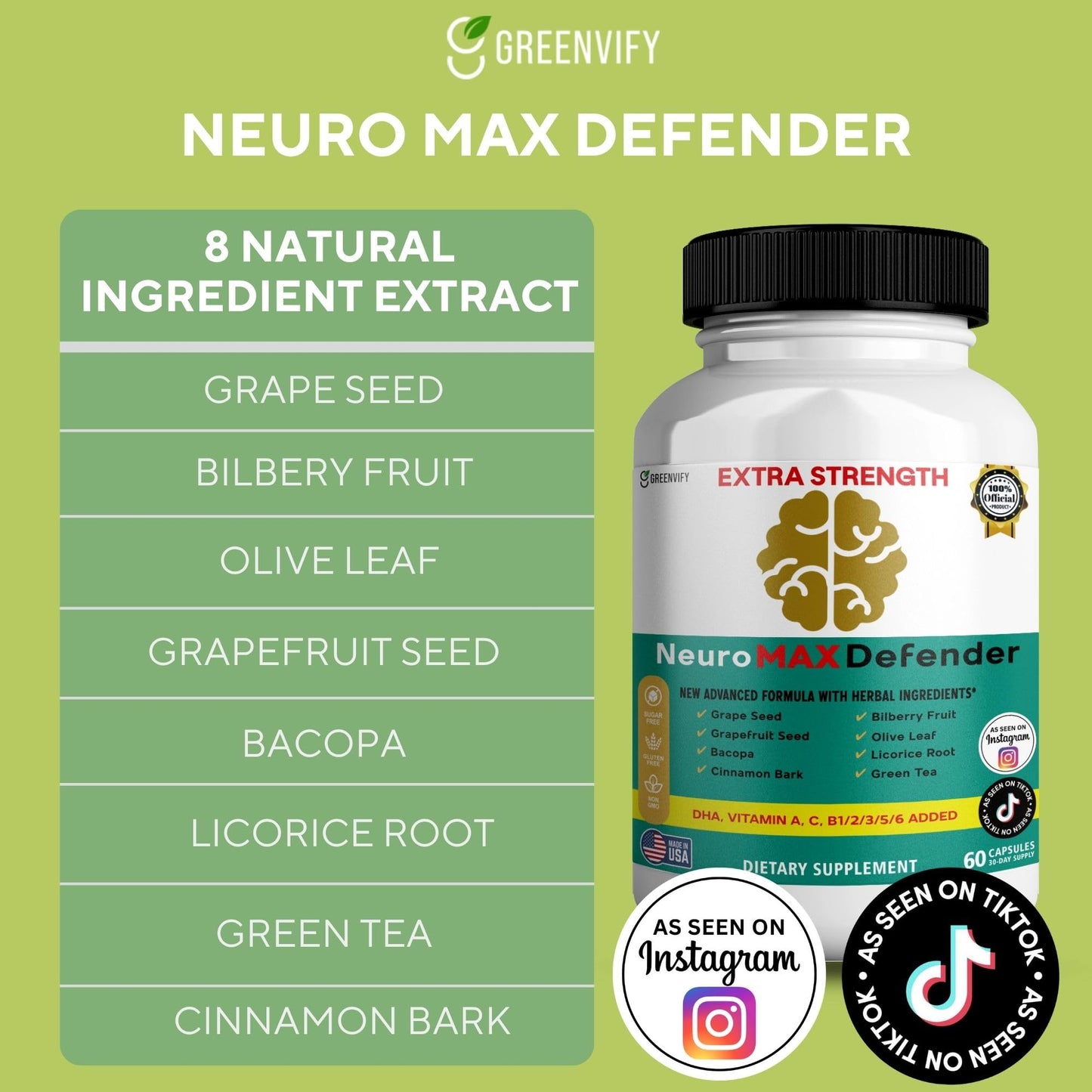 GREENVIFY NeuroMAX Defender Extra Strength Brain Support Supplement with Herbal Blend, 60 Capsules, DHA, B12, Vitamins A C D E, Selenium, 30-Day Supply (1) - dailyvitalstore