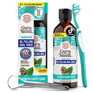 GuruNanda CocoMint Oil Pulling Mouthwash for Complete Oral Hygiene, 7 Essential Oils & Vitamins for Happy Teeth & Gums & Fresh Breath with Toothbrush & Tongue Scraper - dailyvitalstore
