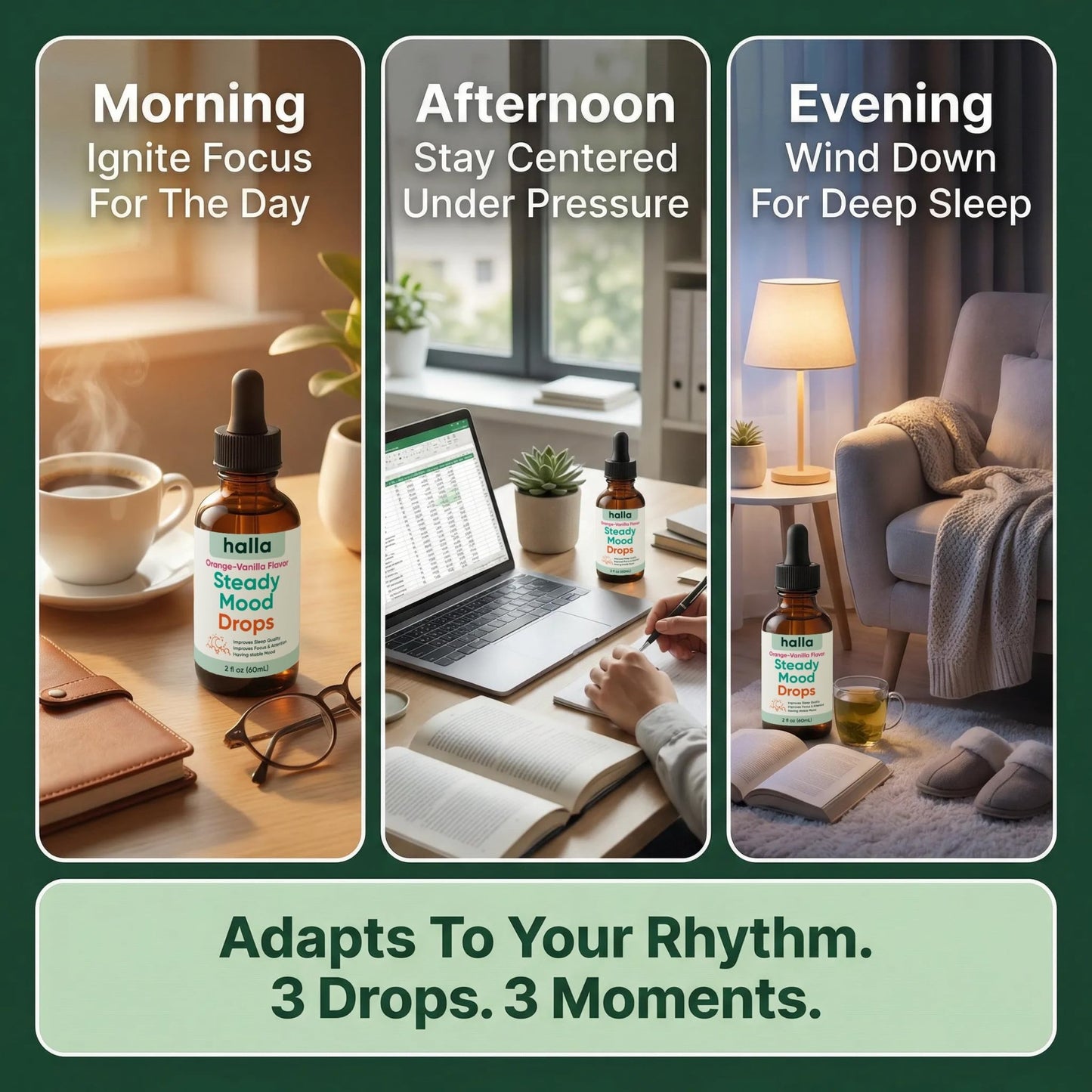 Halla Steady Mood Drops Saffron Extract, Maritime Pine Bark Extract, Phosphatidylserine, Magnesium L-Threonate, Sleep Supplements, Improves Focus & Attention, Mood Support Supplement, 60ml - dailyvitalstore