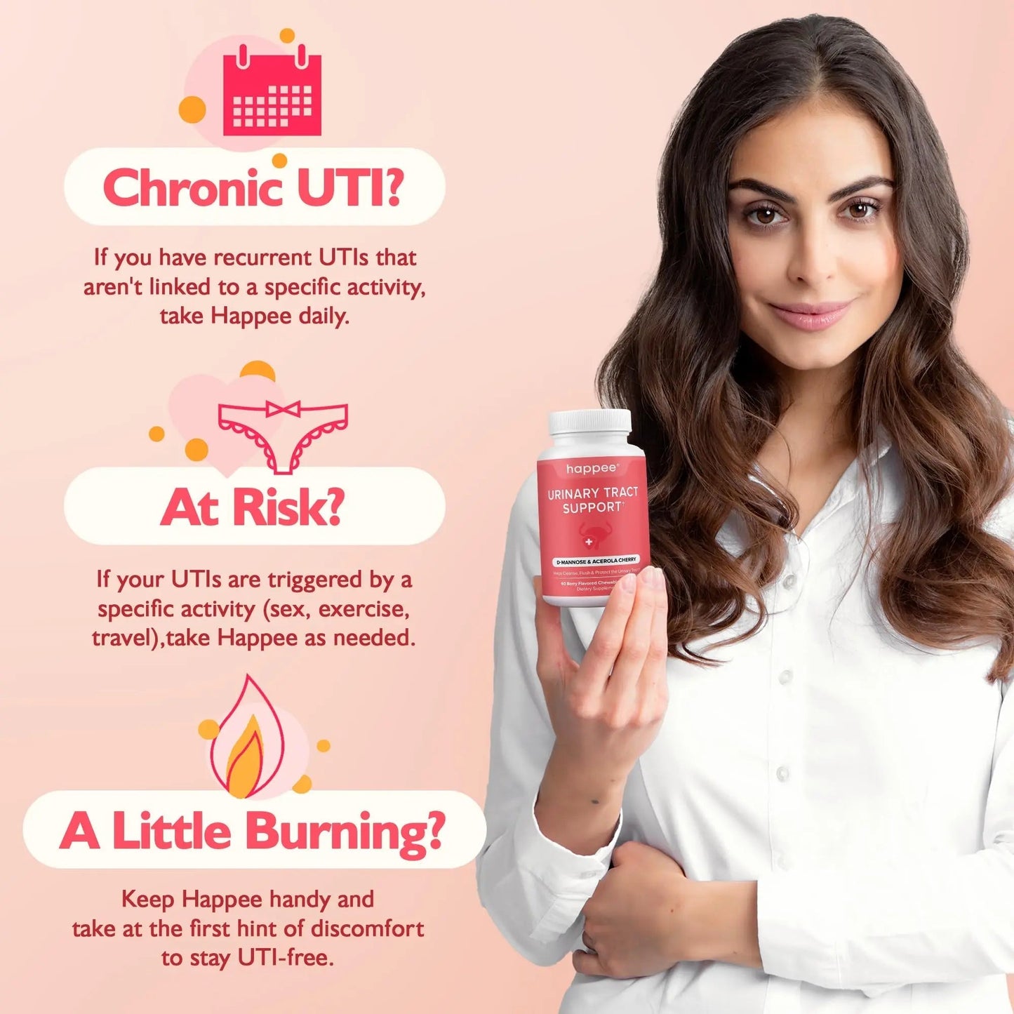 Happee Urinary Tract Health Supplement for Women & Men – Fast-Acting UTI Relief and Prevention, 500mg D-Mannose & Antioxidants, Supports Kidney and Bladder Health, Berry Flavor, 60 Chewables - dailyvitalstore