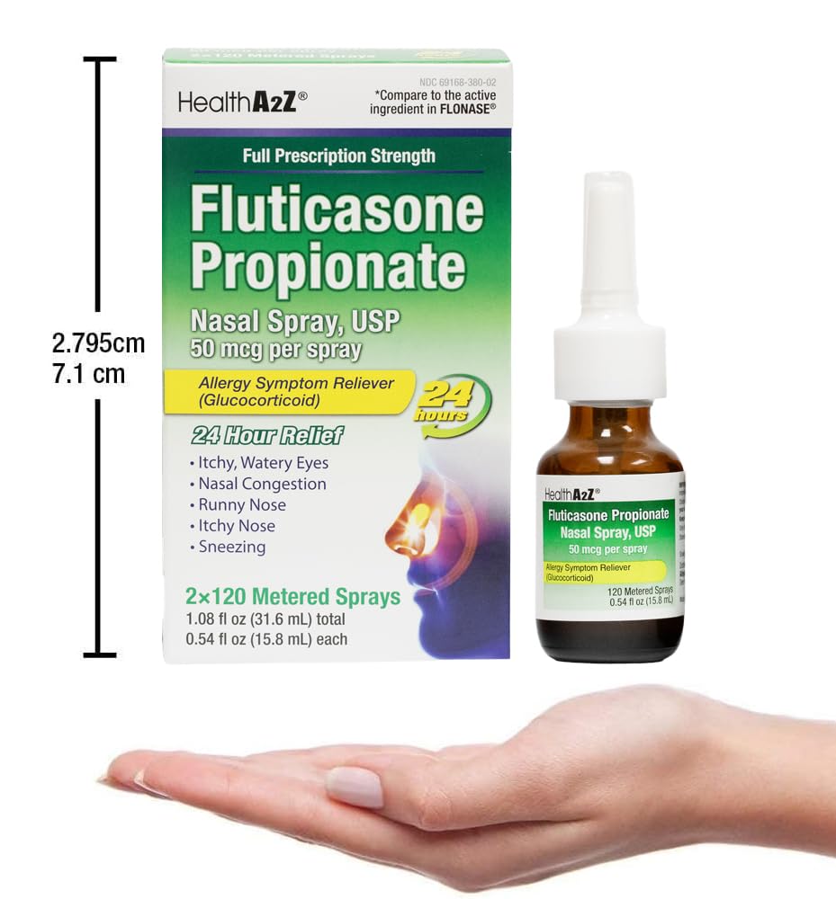 HealthA2Z® Allergy Relief, Fluticasone Propionate 50mcg, Nasal Spray, 24-Hour Allergy Relief, Dye Free, 240 Sprays (2 Pack, 120 Sprays Each) - dailyvitalstore