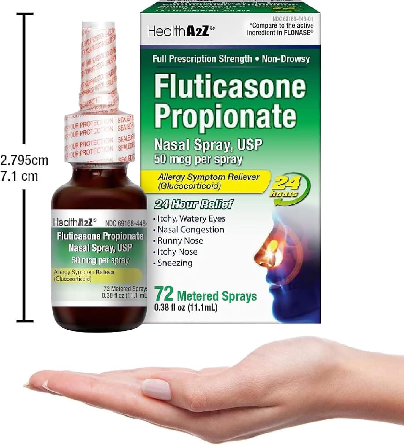 HealthA2Z® Allergy Relief, Fluticasone Propionate 50mcg, Nasal Spray, 24-Hour Allergy Relief, Nasal Decongestant, Dye Free, 72 Sprays (0.38 fl oz) - dailyvitalstore